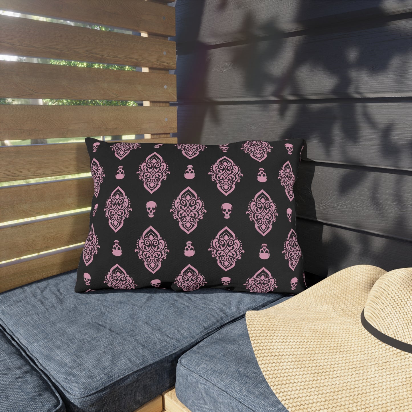 Pink and Black Skull Damask Outdoor Pillows