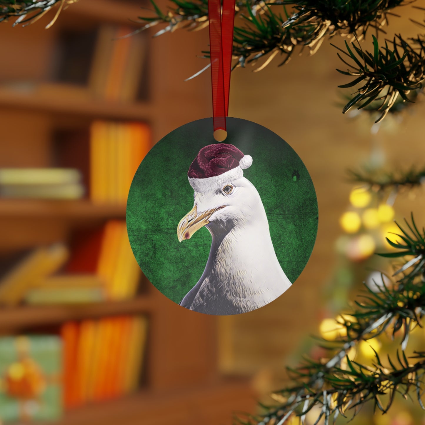 Holiday California Gull (Seagull) with Santa Hat Metal Ornaments