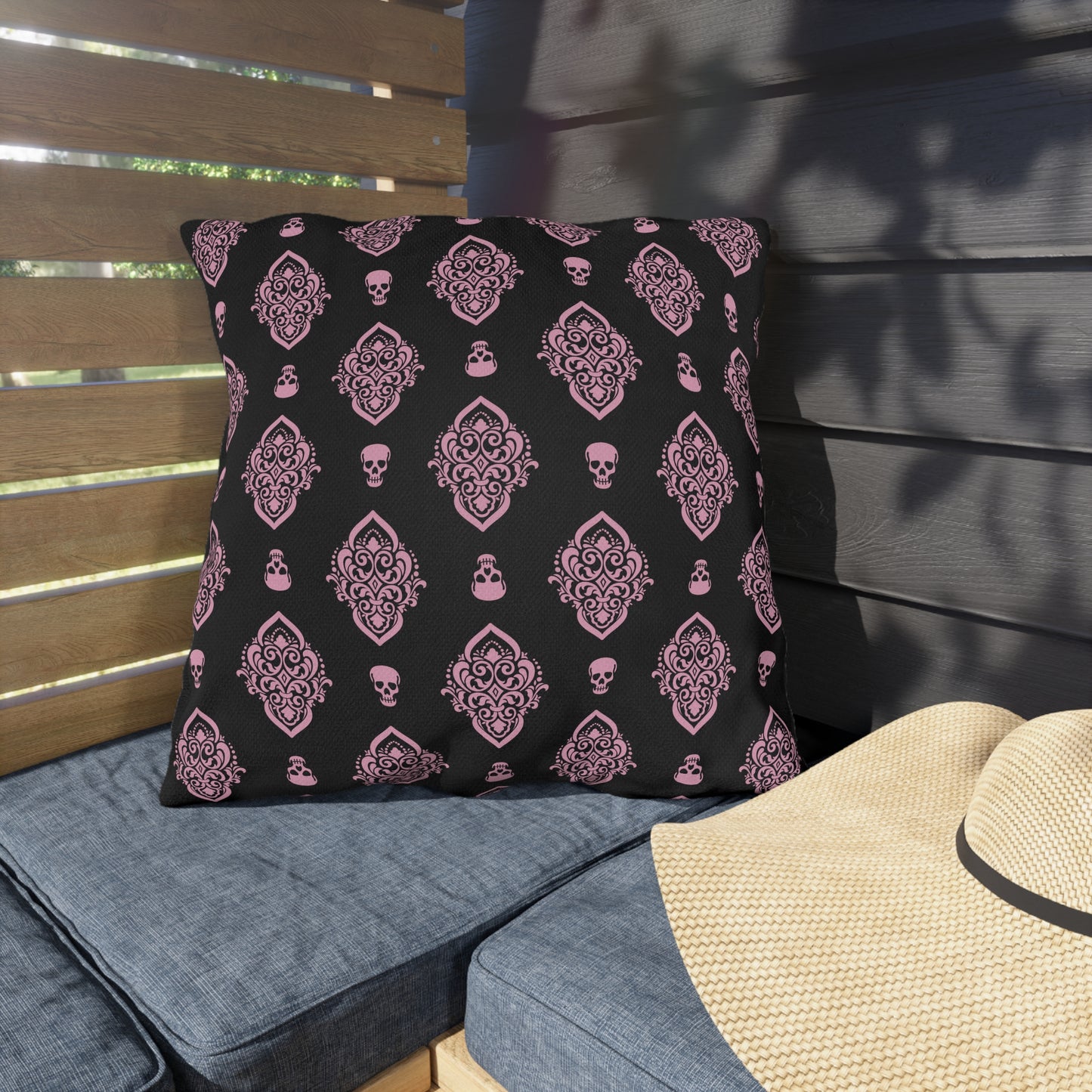 Pink and Black Skull Damask Outdoor Pillows