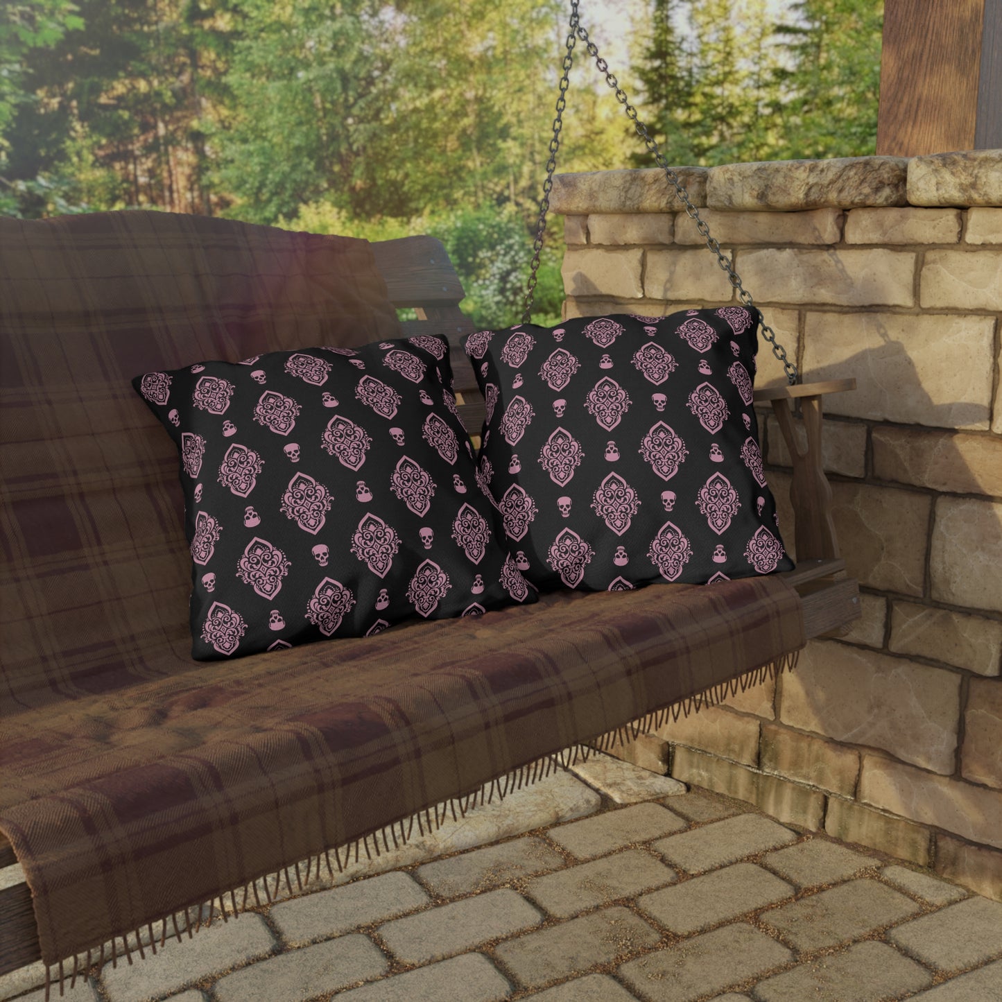 Pink and Black Skull Damask Outdoor Pillows