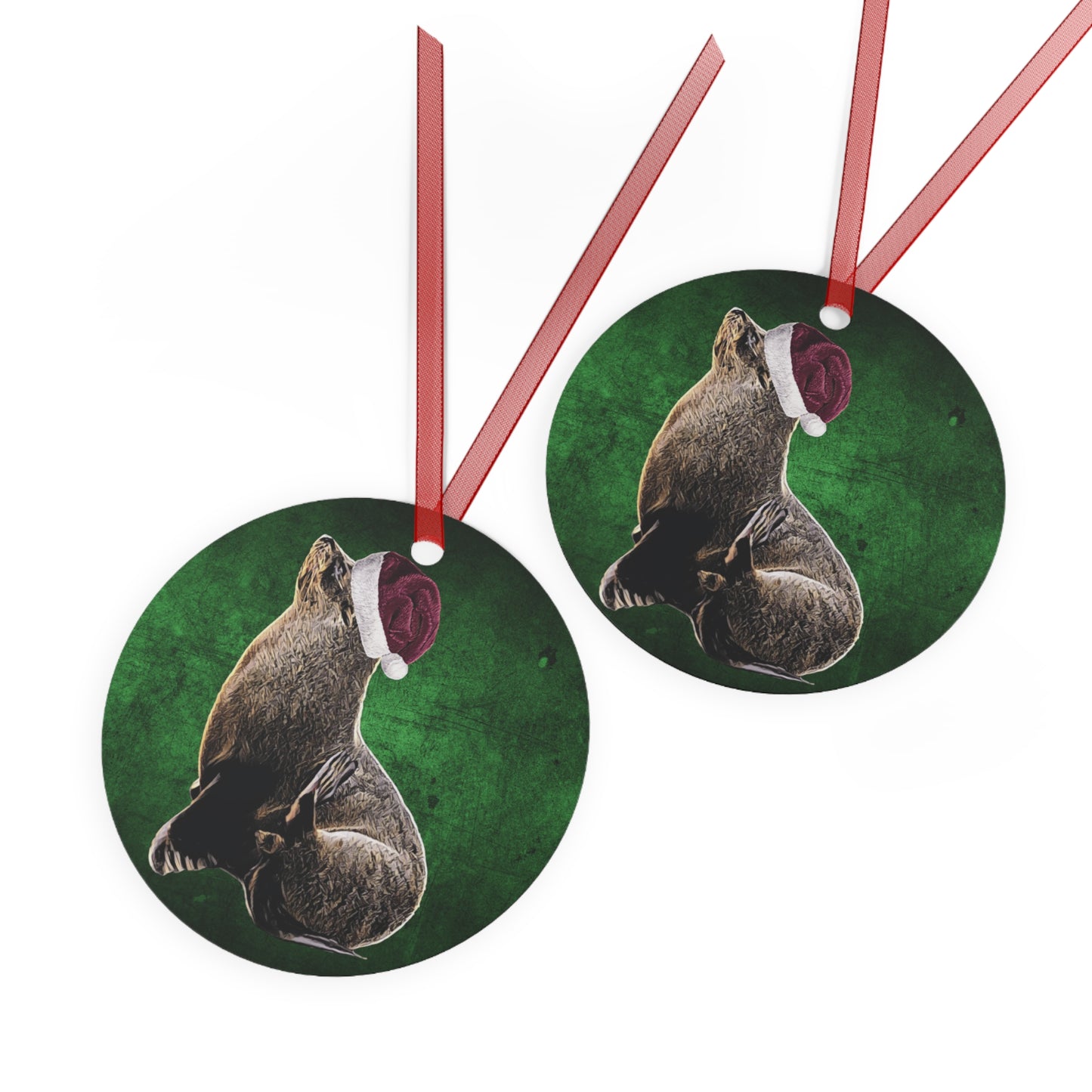Holiday Sea Lion with Santa Hat Metal Ornaments