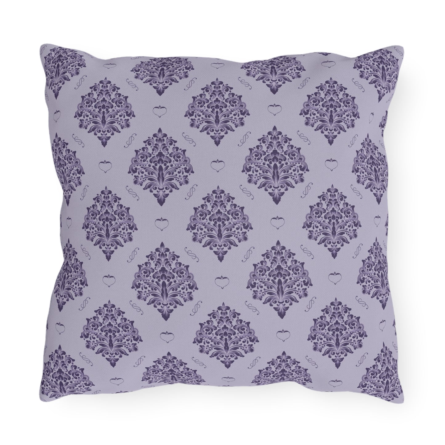 Purple Damask with Hearts on Heather Outdoor Pillows