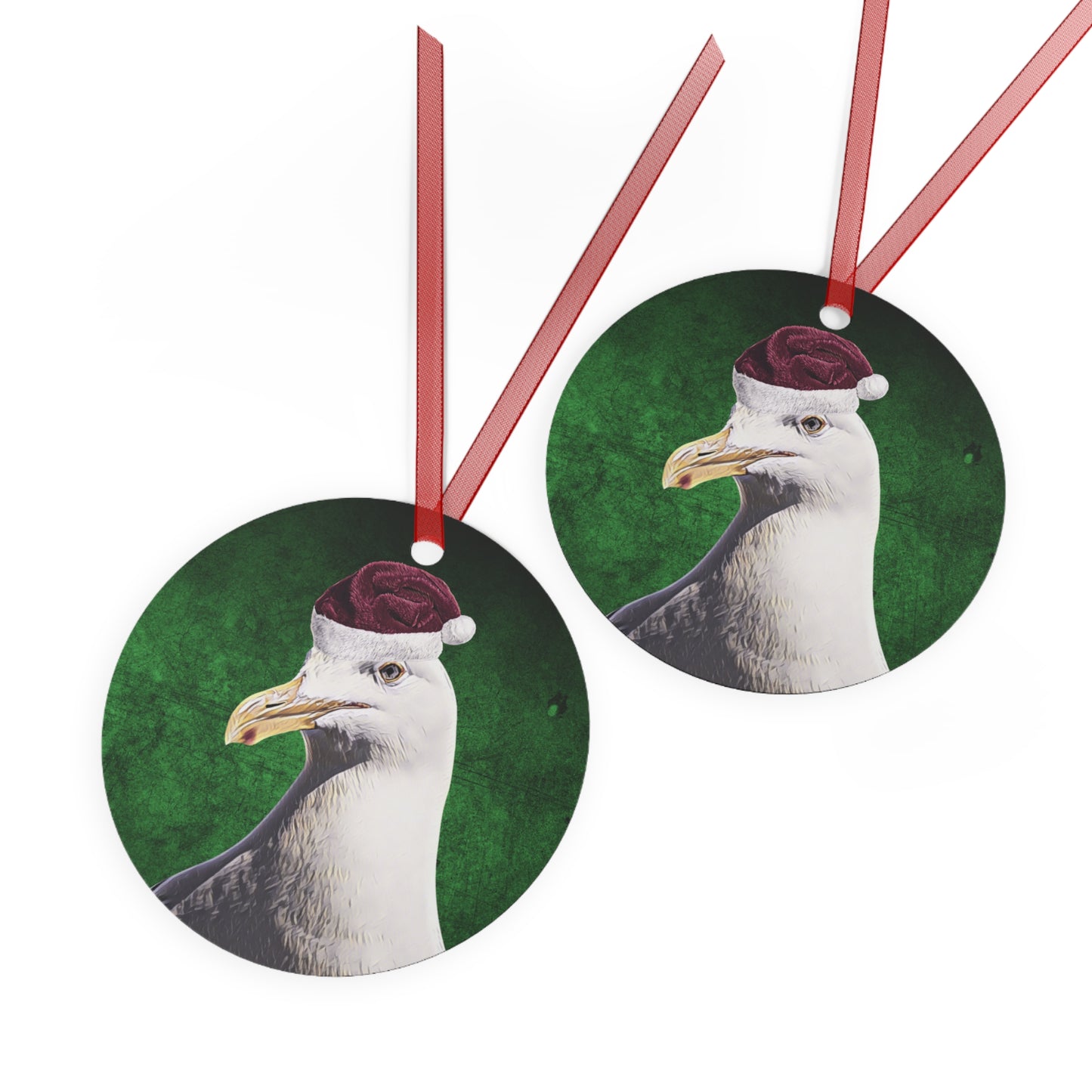 Holiday California Gull (Seagull) with Santa Hat Metal Ornaments