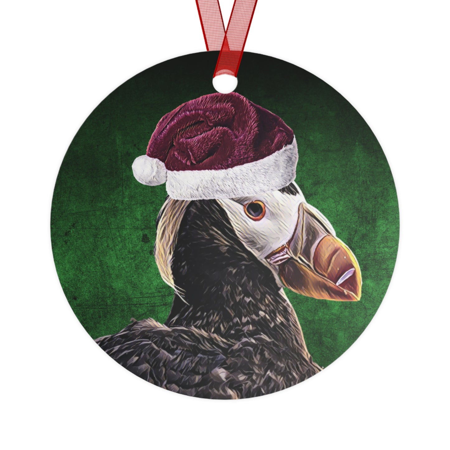 Holiday Tufted Puffin with Santa Hat Metal Ornaments