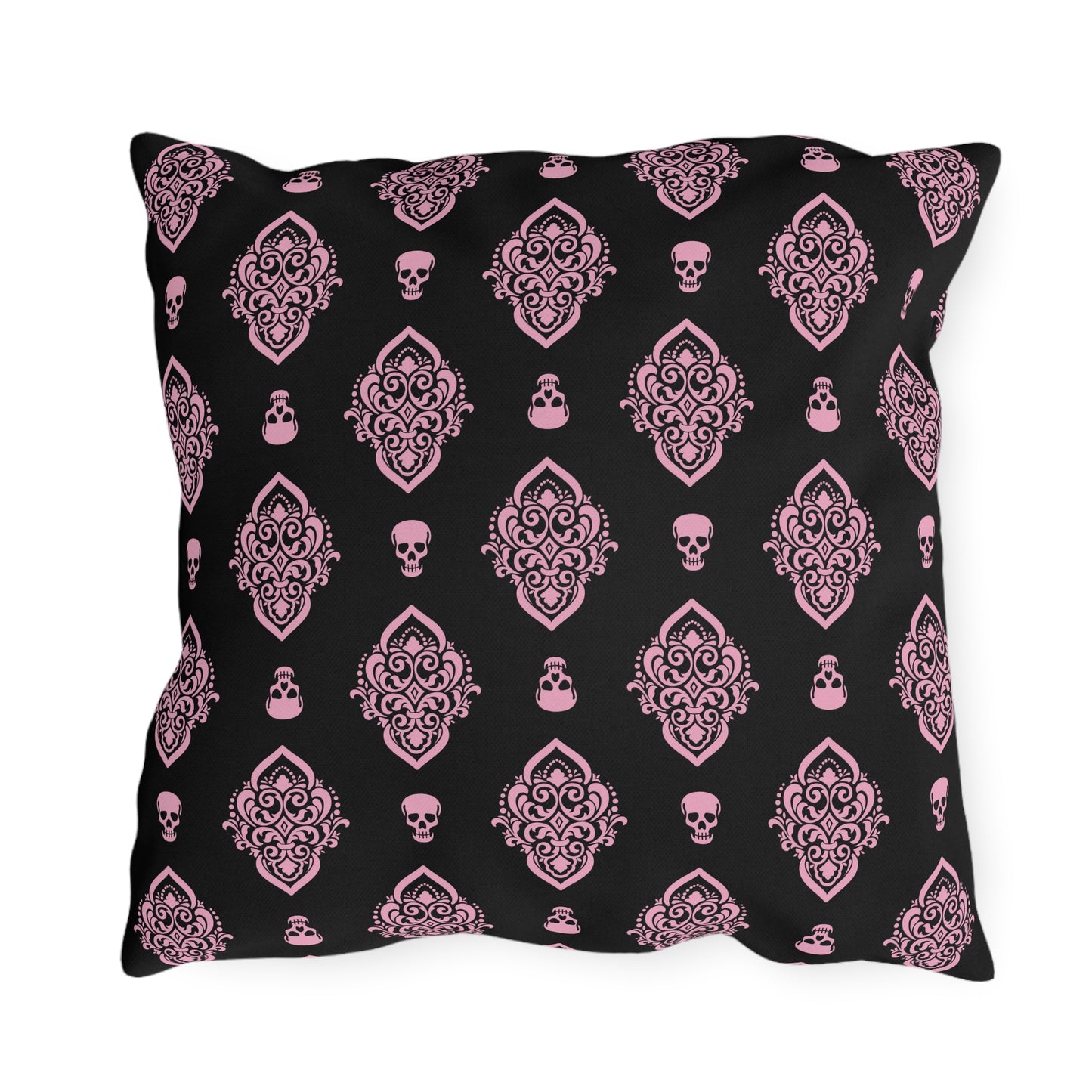 Pink and Black Skull Damask Outdoor Pillows