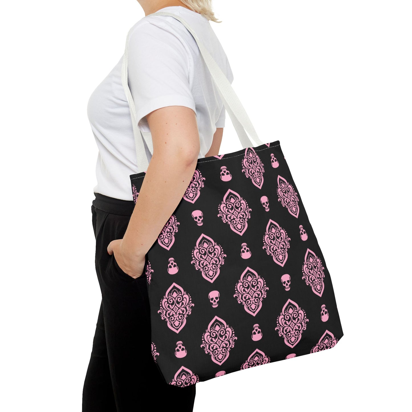 PInk and Black Skull Damask Tote Bag