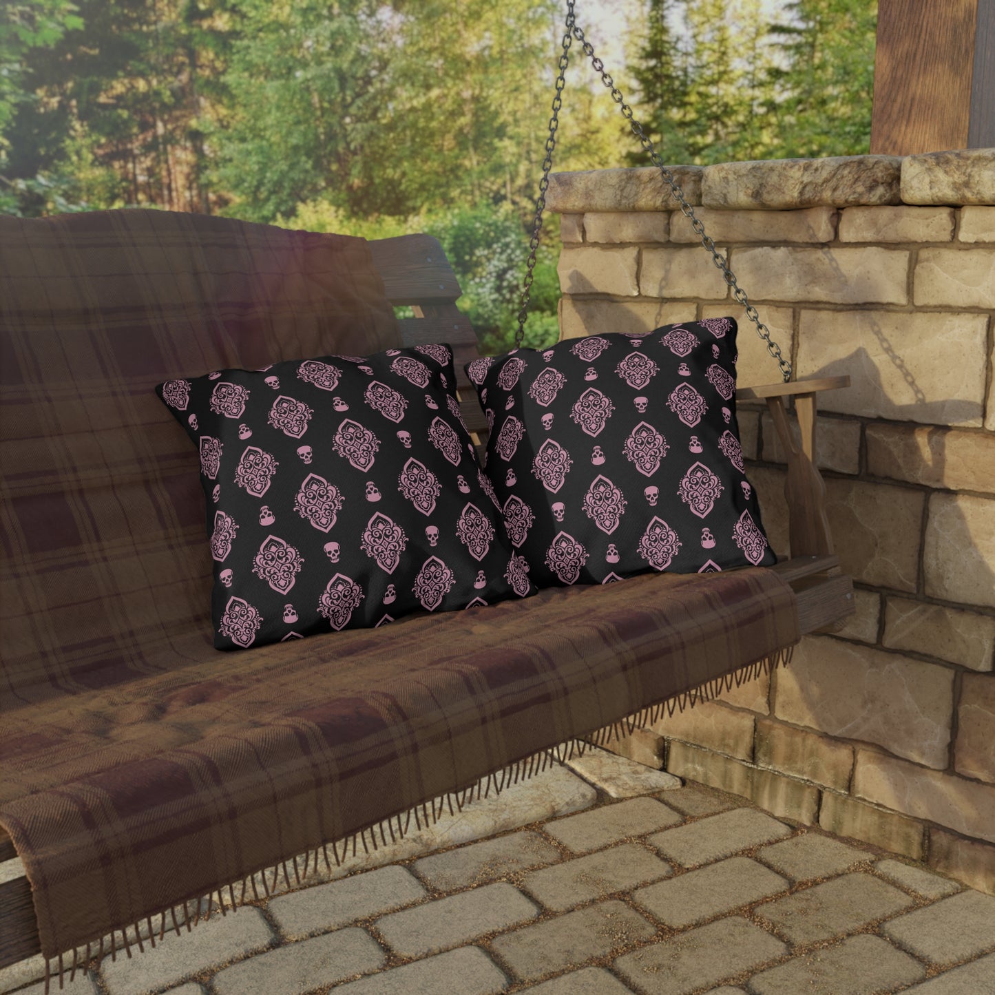 Pink and Black Skull Damask Outdoor Pillows