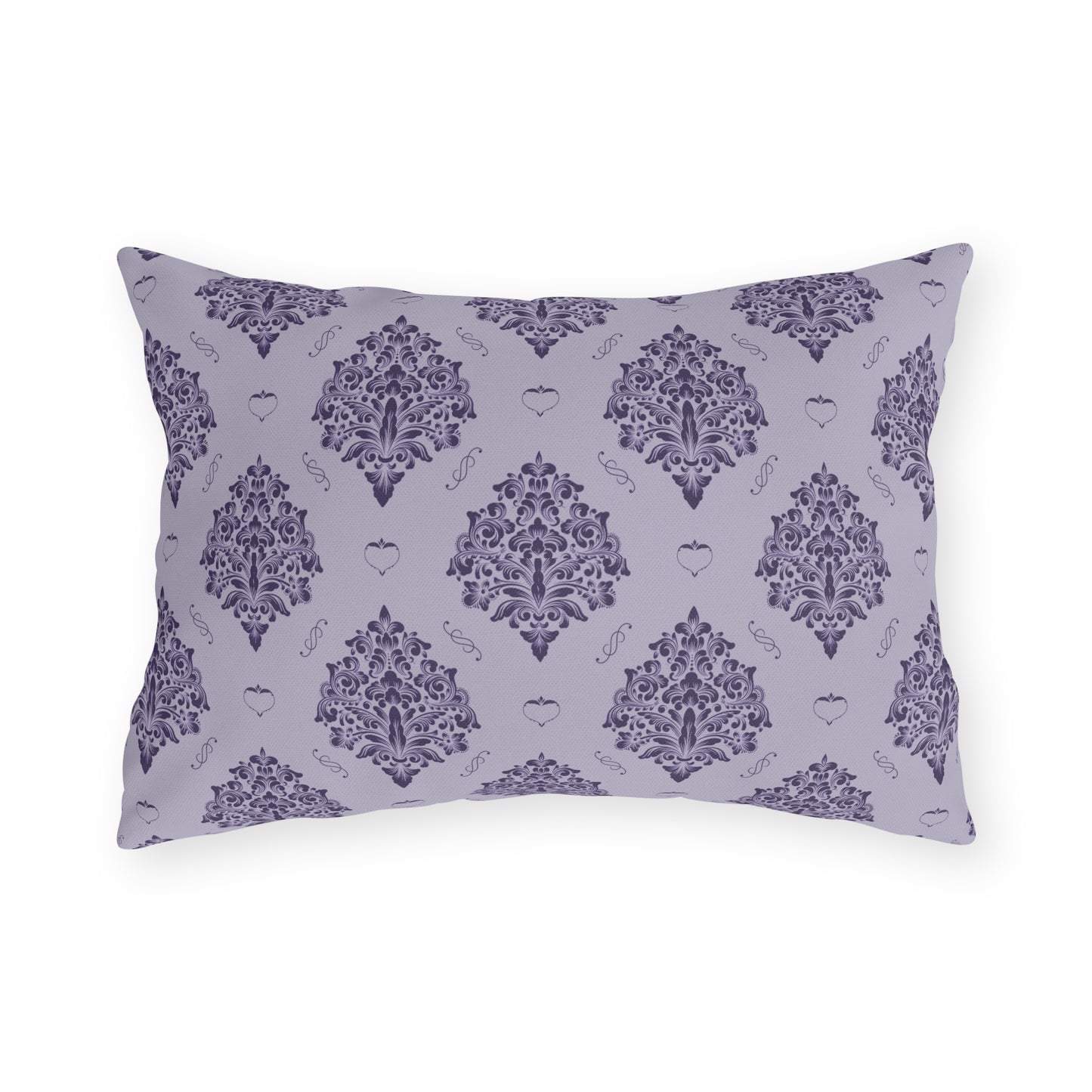 Purple Damask with Hearts on Heather Outdoor Pillows
