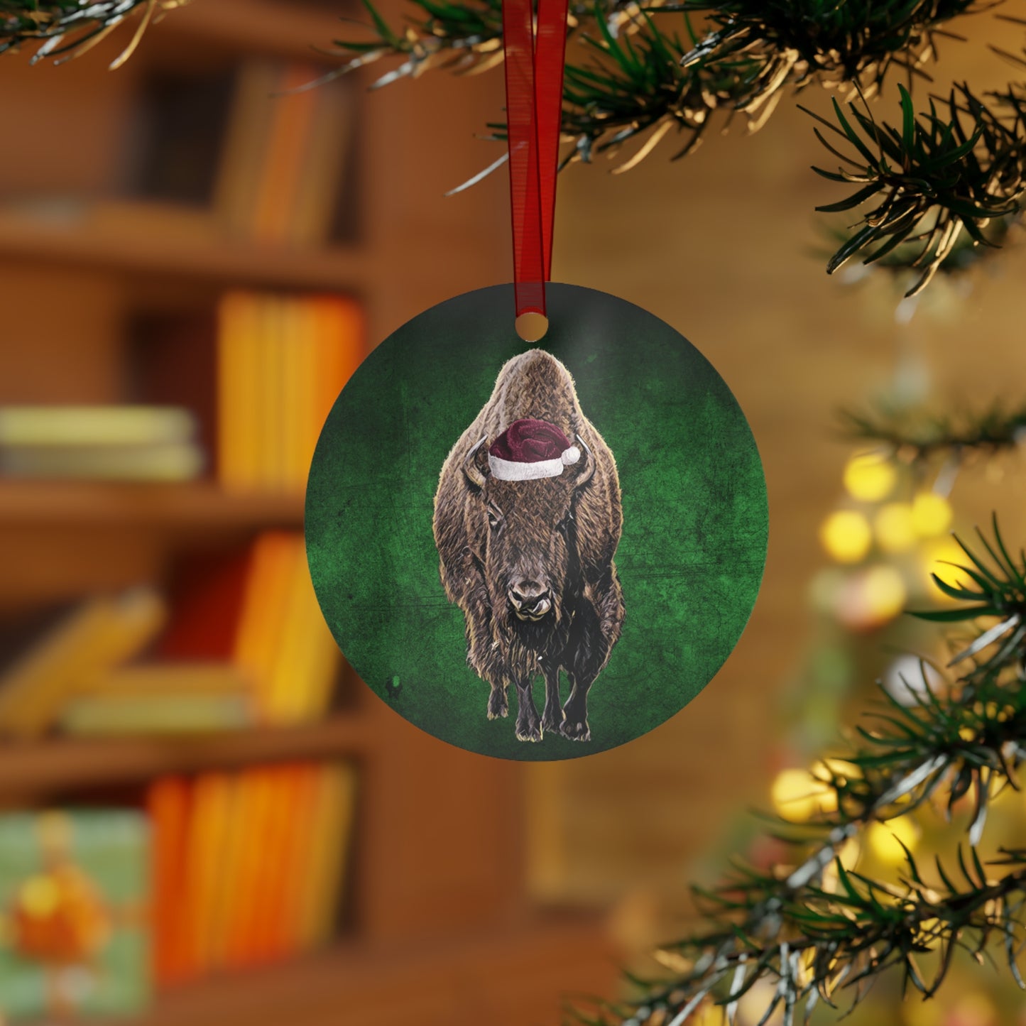Holiday Bison (Buffalo) with Santa Hat Metal Ornaments