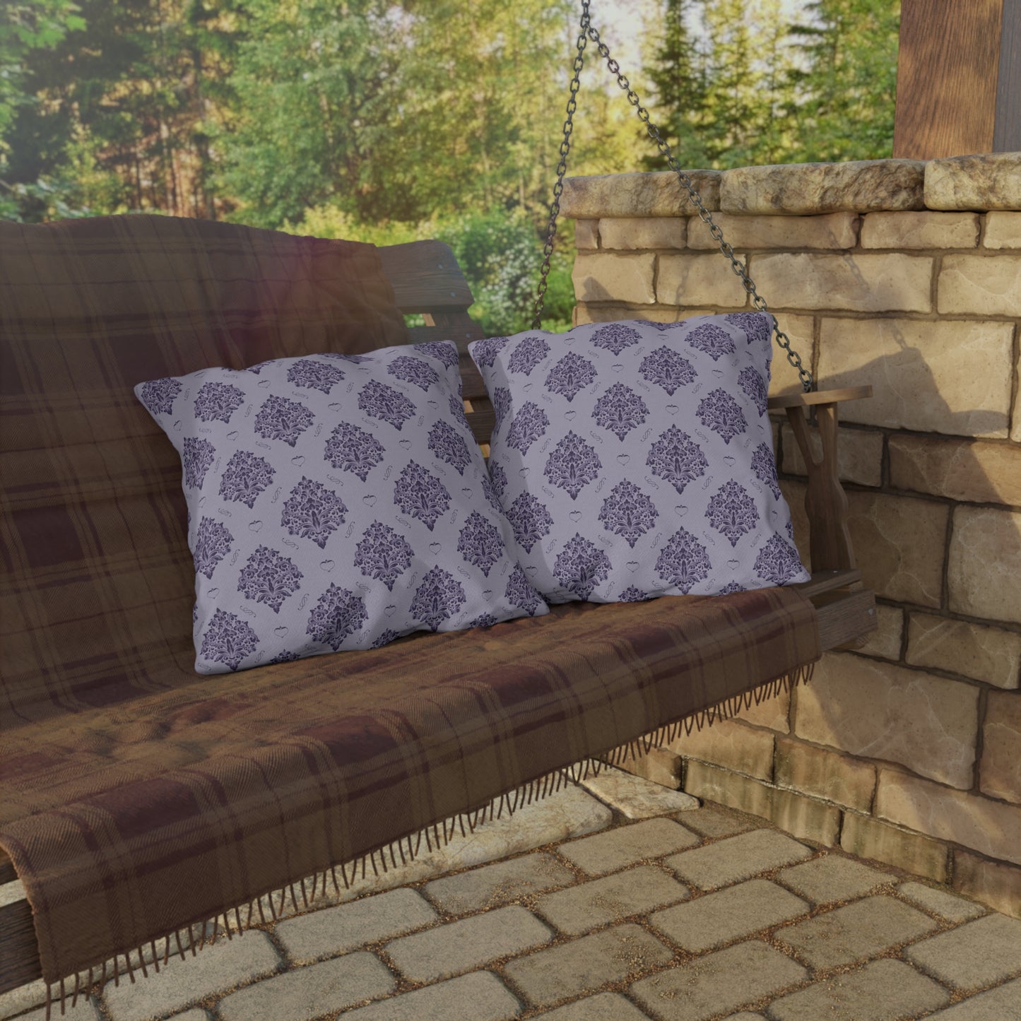 Purple Damask with Hearts on Heather Outdoor Pillows