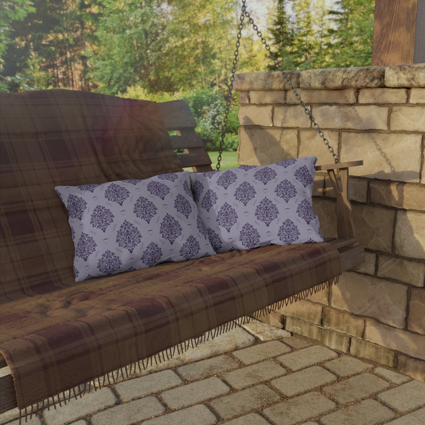 Purple Damask with Hearts on Heather Outdoor Pillows