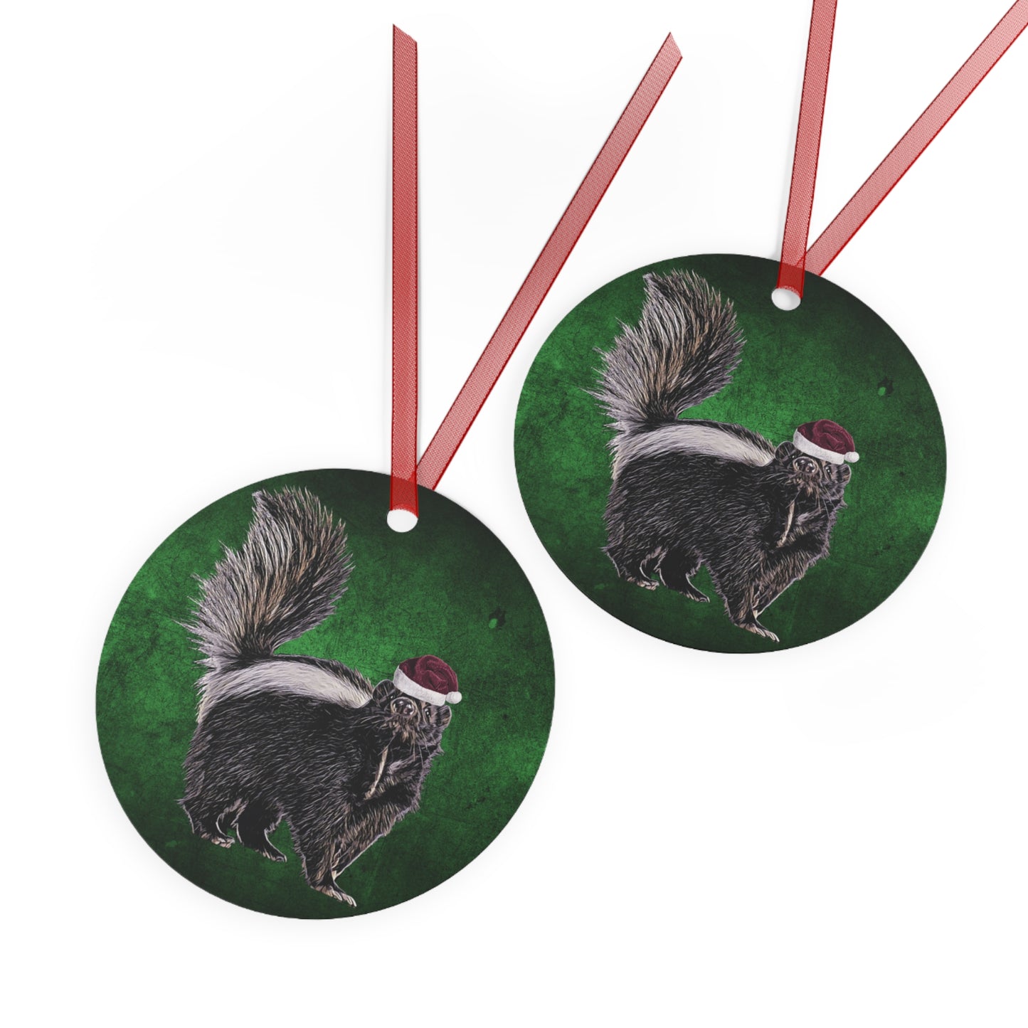 Holiday Skunk with Santa Hat Metal Ornaments