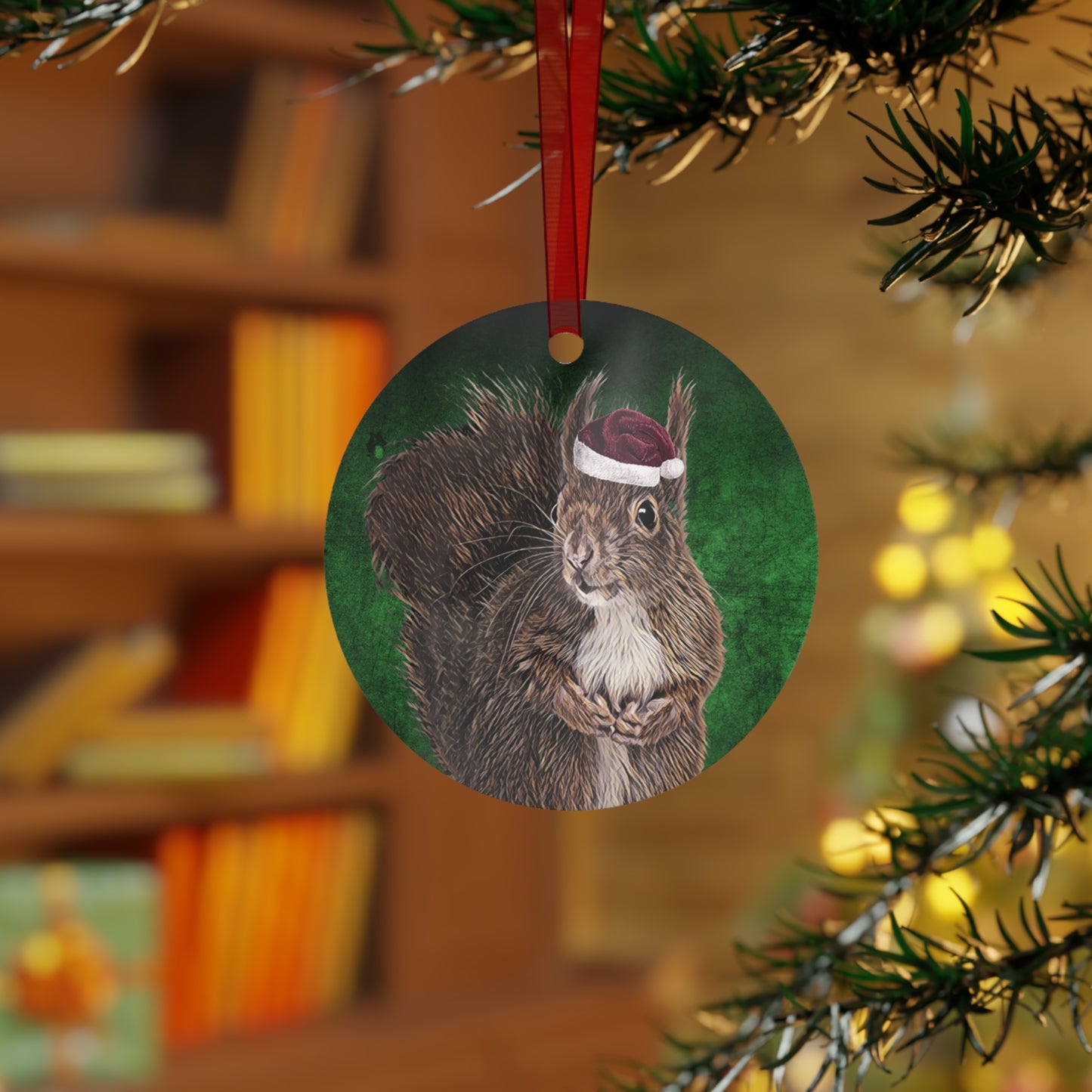 Holiday Squirrel with Santa Hat Metal Ornaments