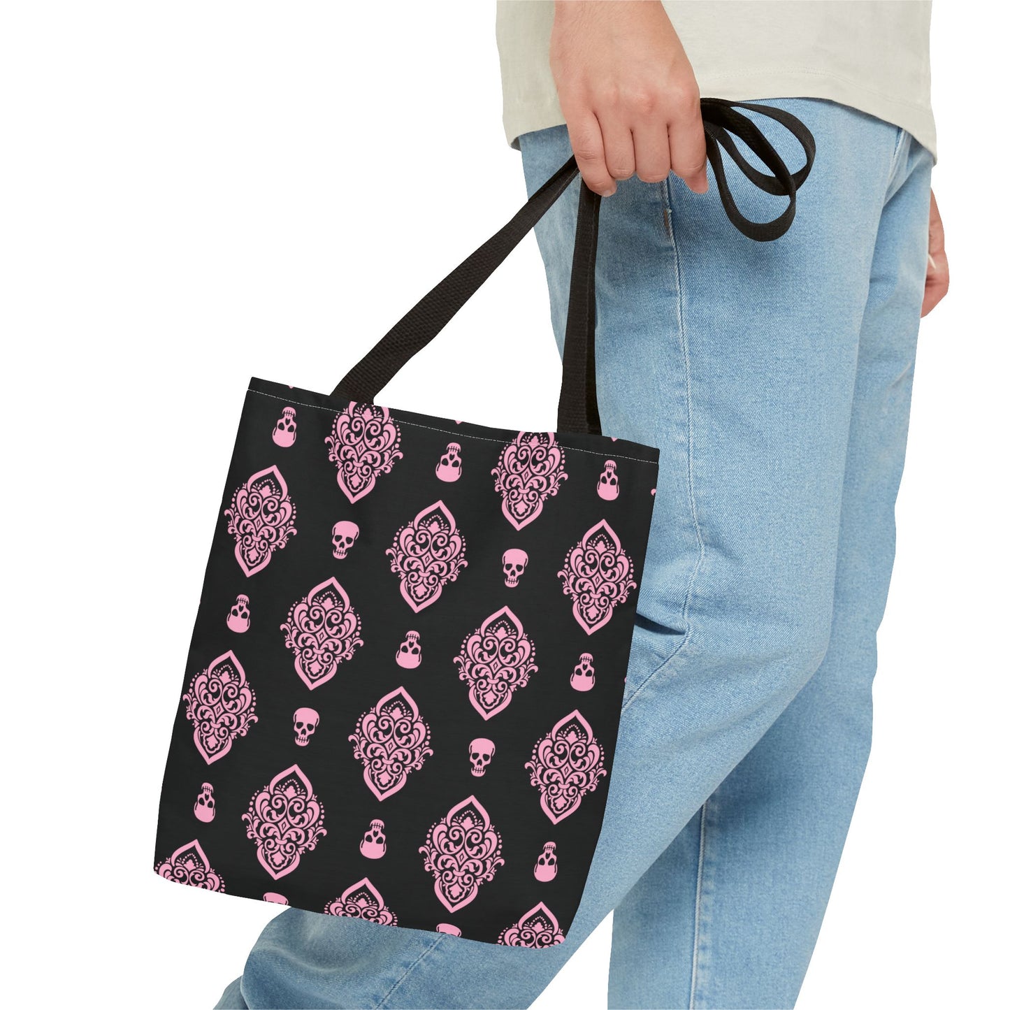 PInk and Black Skull Damask Tote Bag