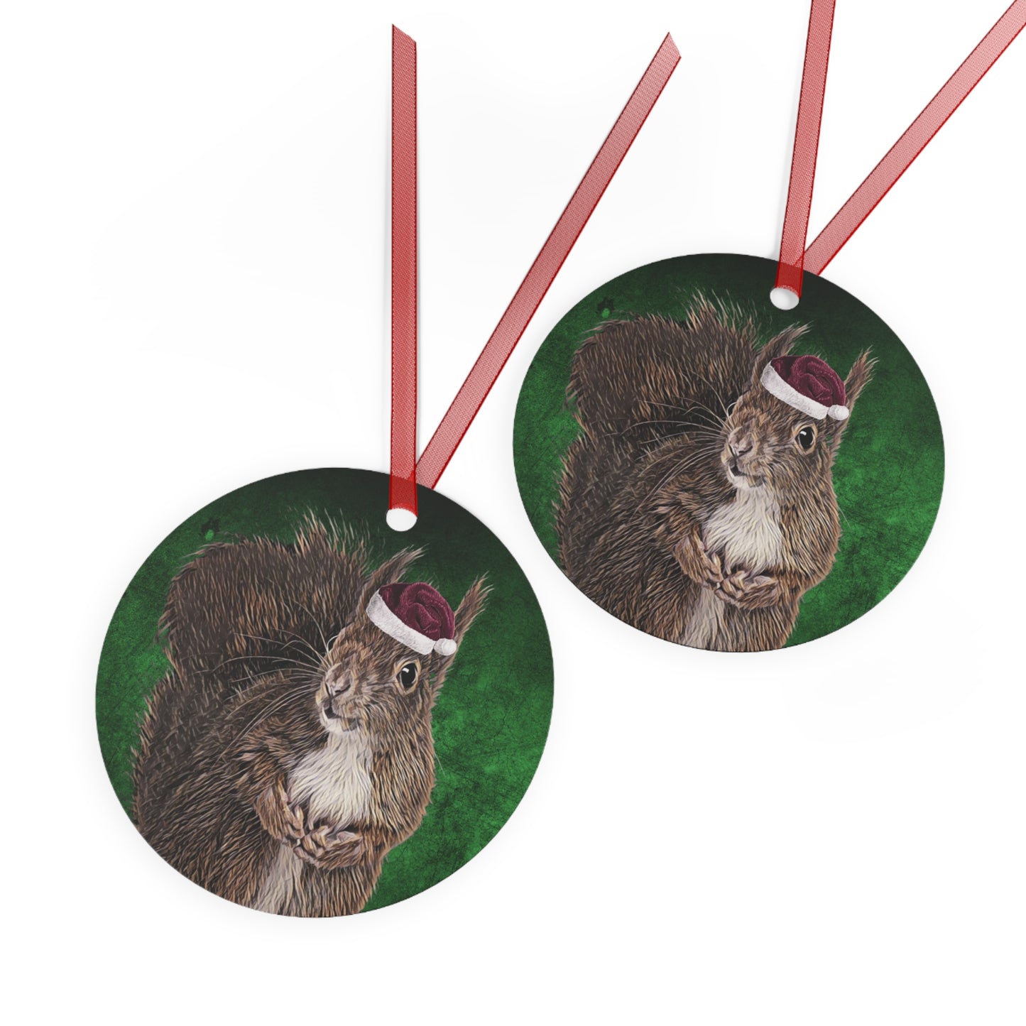 Holiday Squirrel with Santa Hat Metal Ornaments