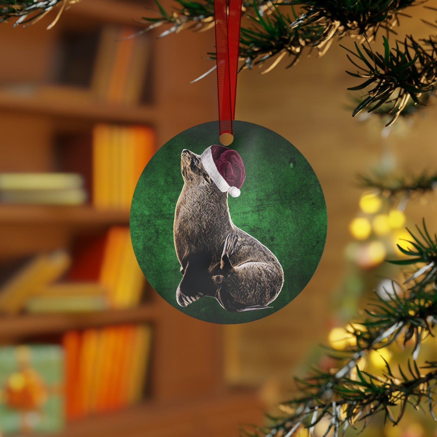 Holiday Sea Lion with Santa Hat Metal Ornaments