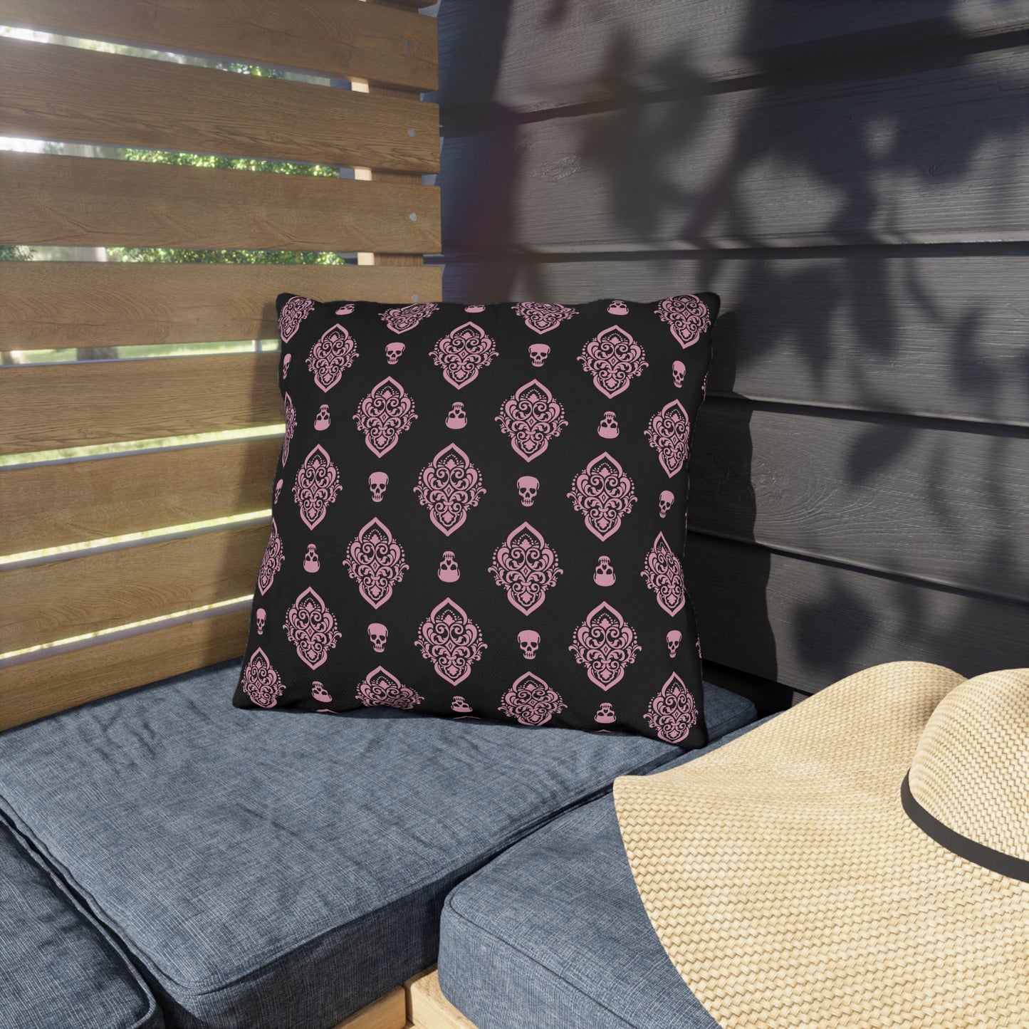 Pink and Black Skull Damask Outdoor Pillows