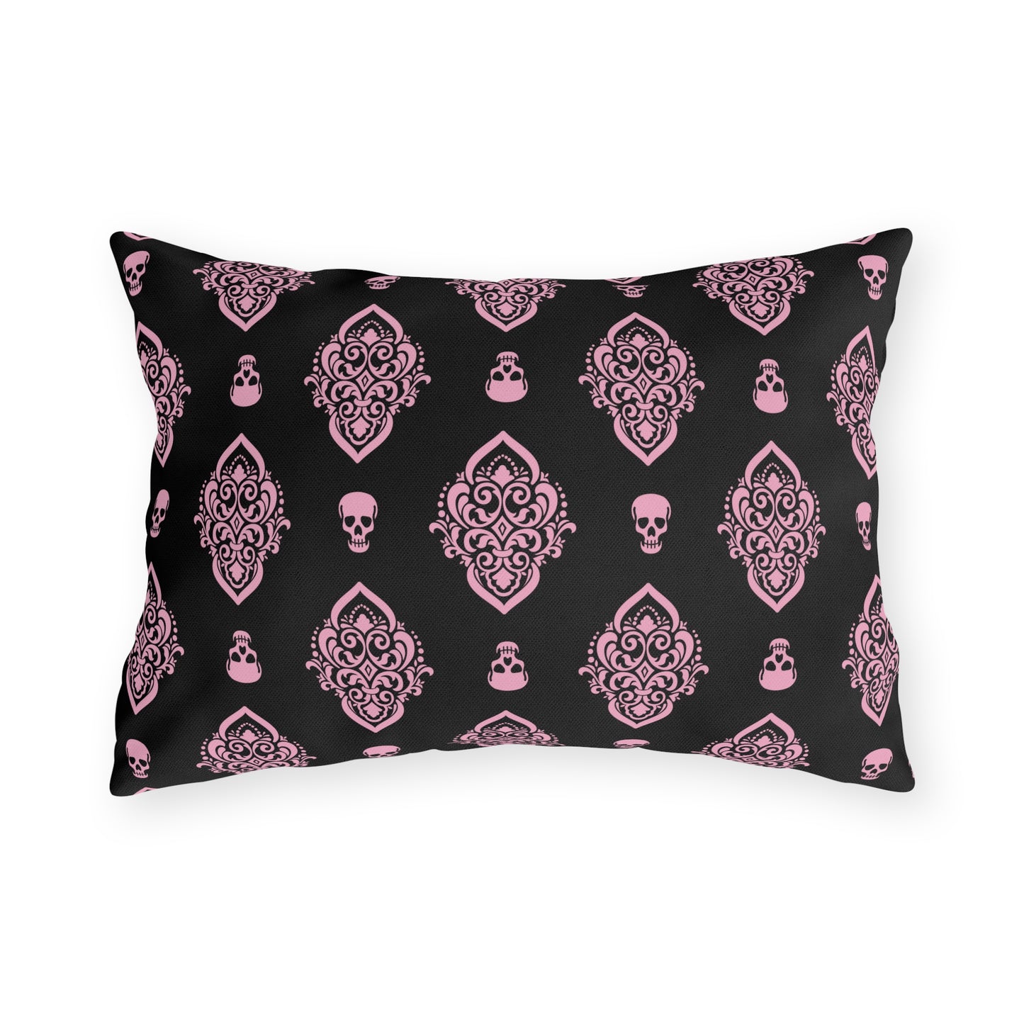 Pink and Black Skull Damask Outdoor Pillows