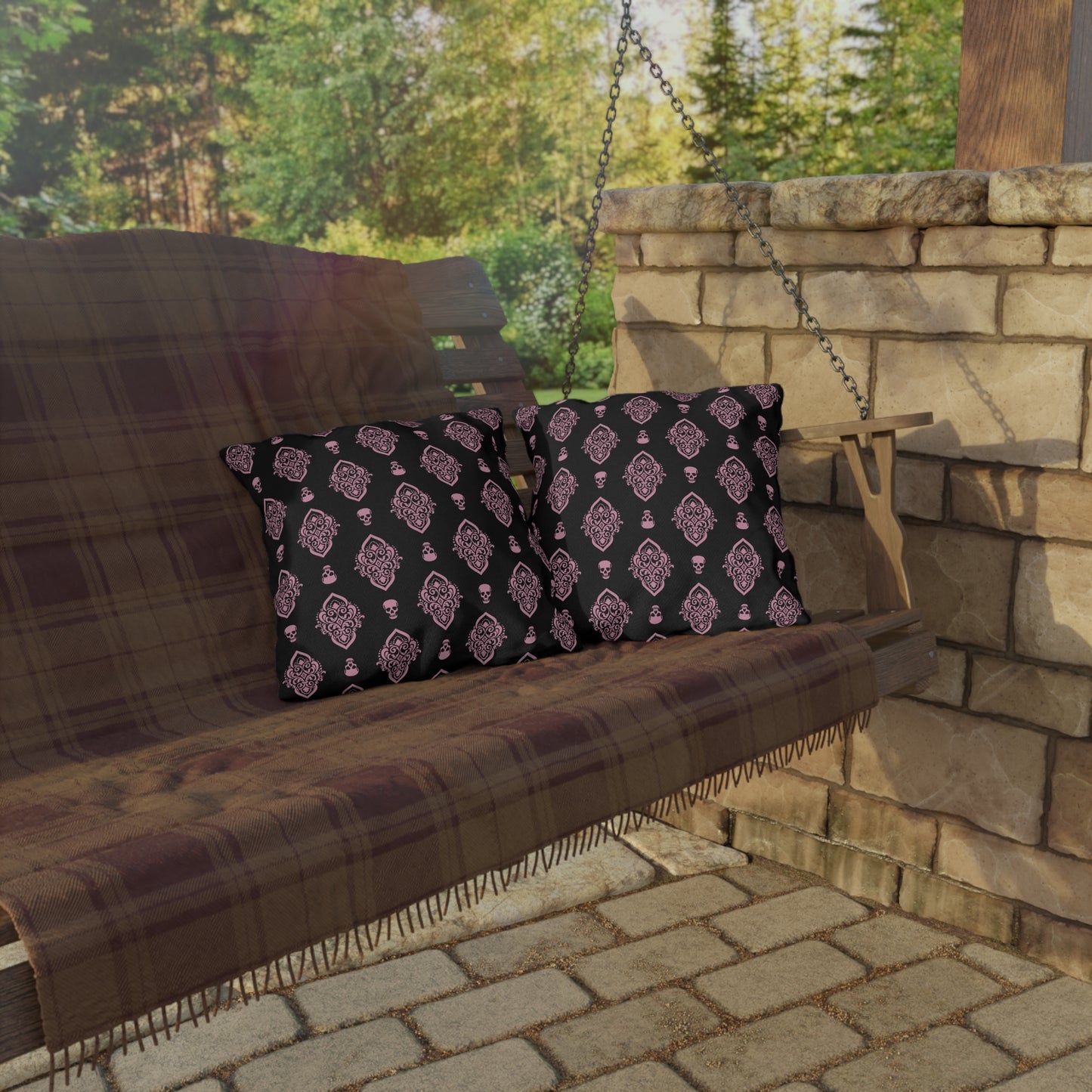 Pink and Black Skull Damask Outdoor Pillows