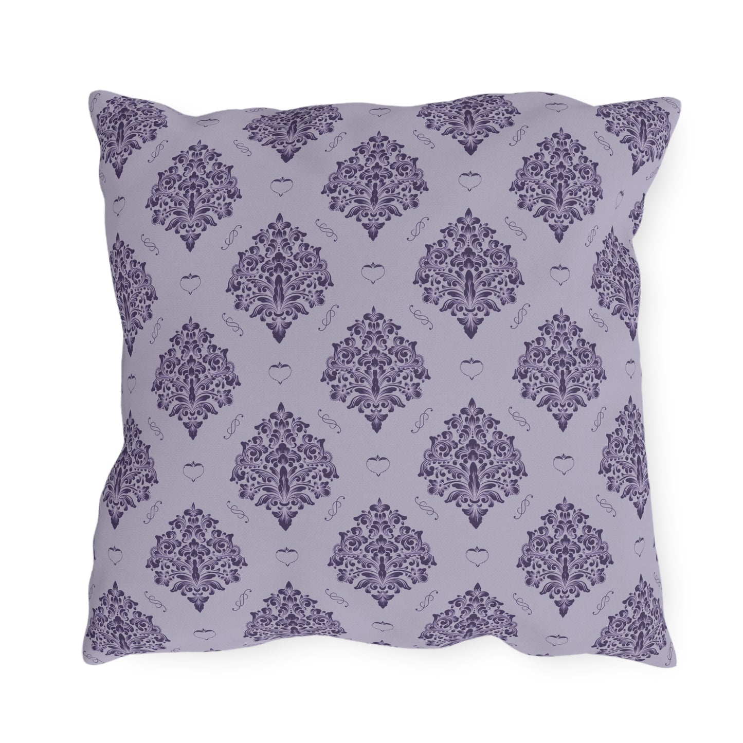 Purple Damask with Hearts on Heather Outdoor Pillows