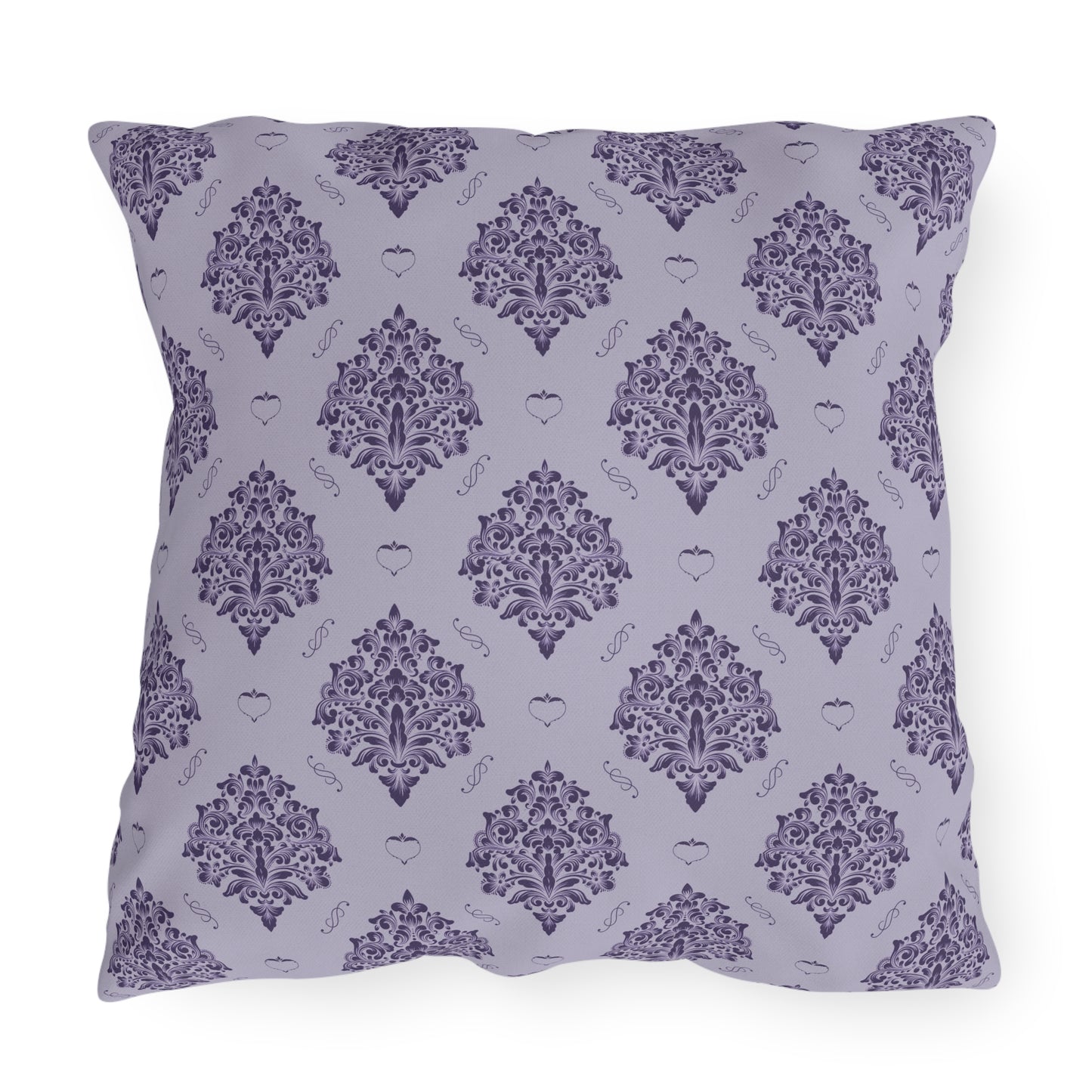 Purple Damask with Hearts on Heather Outdoor Pillows