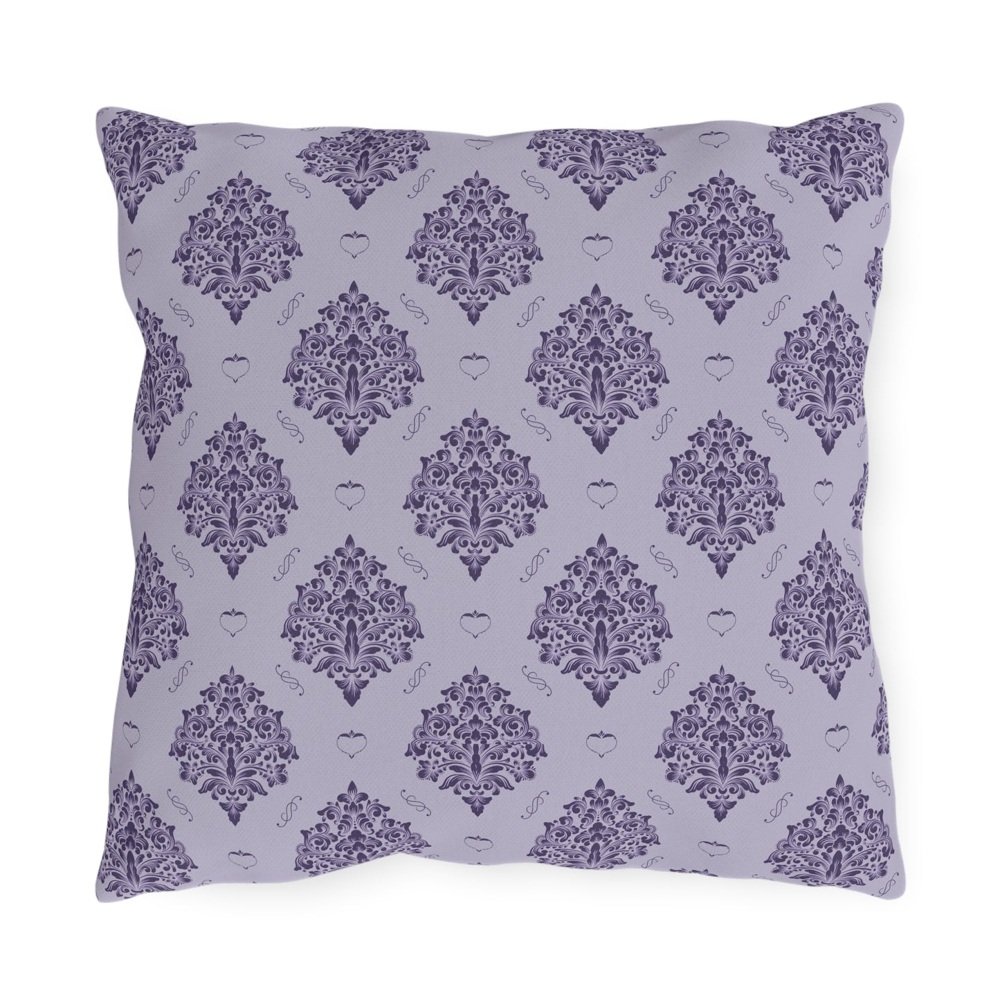 Purple Damask with Hearts on Heather Outdoor Pillows
