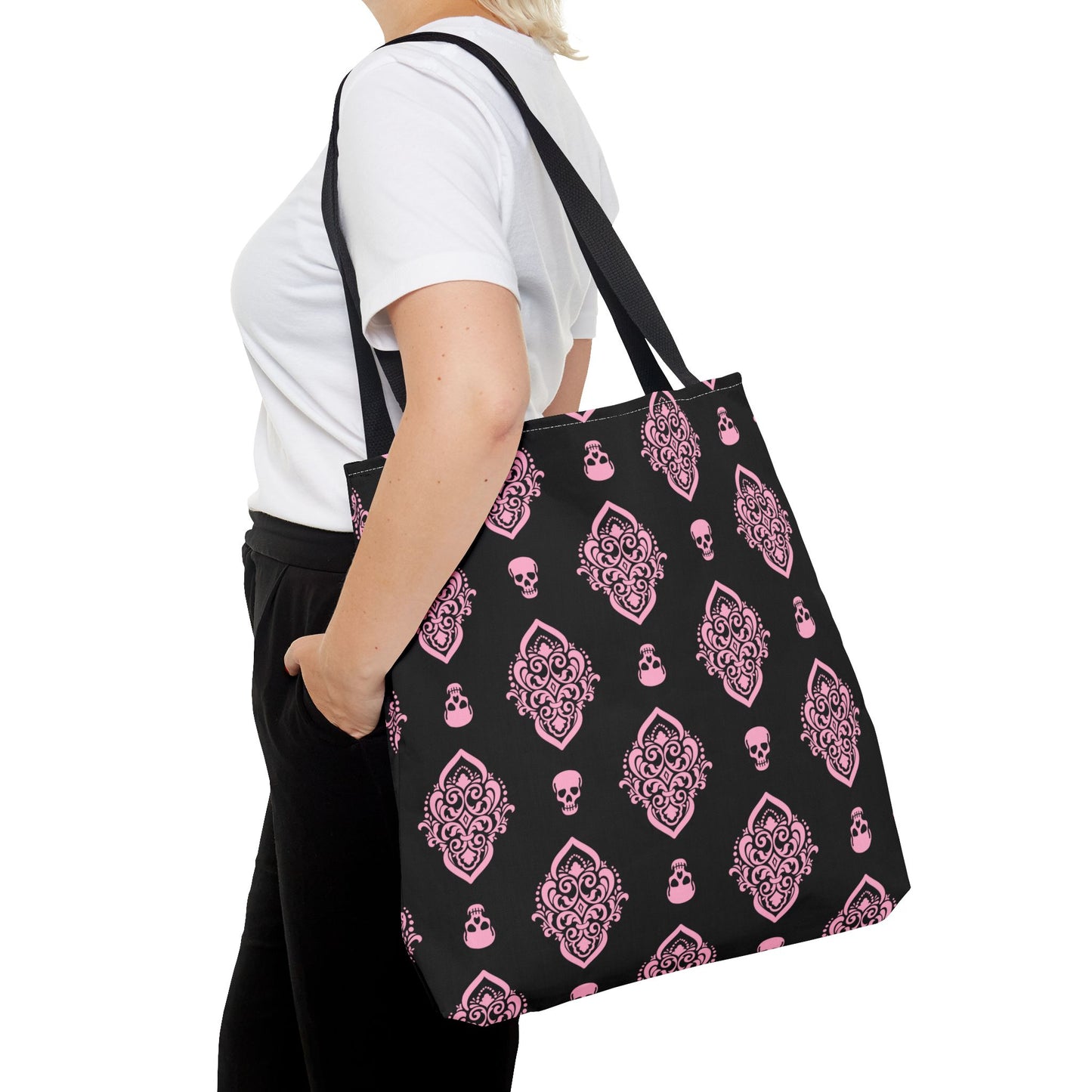 PInk and Black Skull Damask Tote Bag