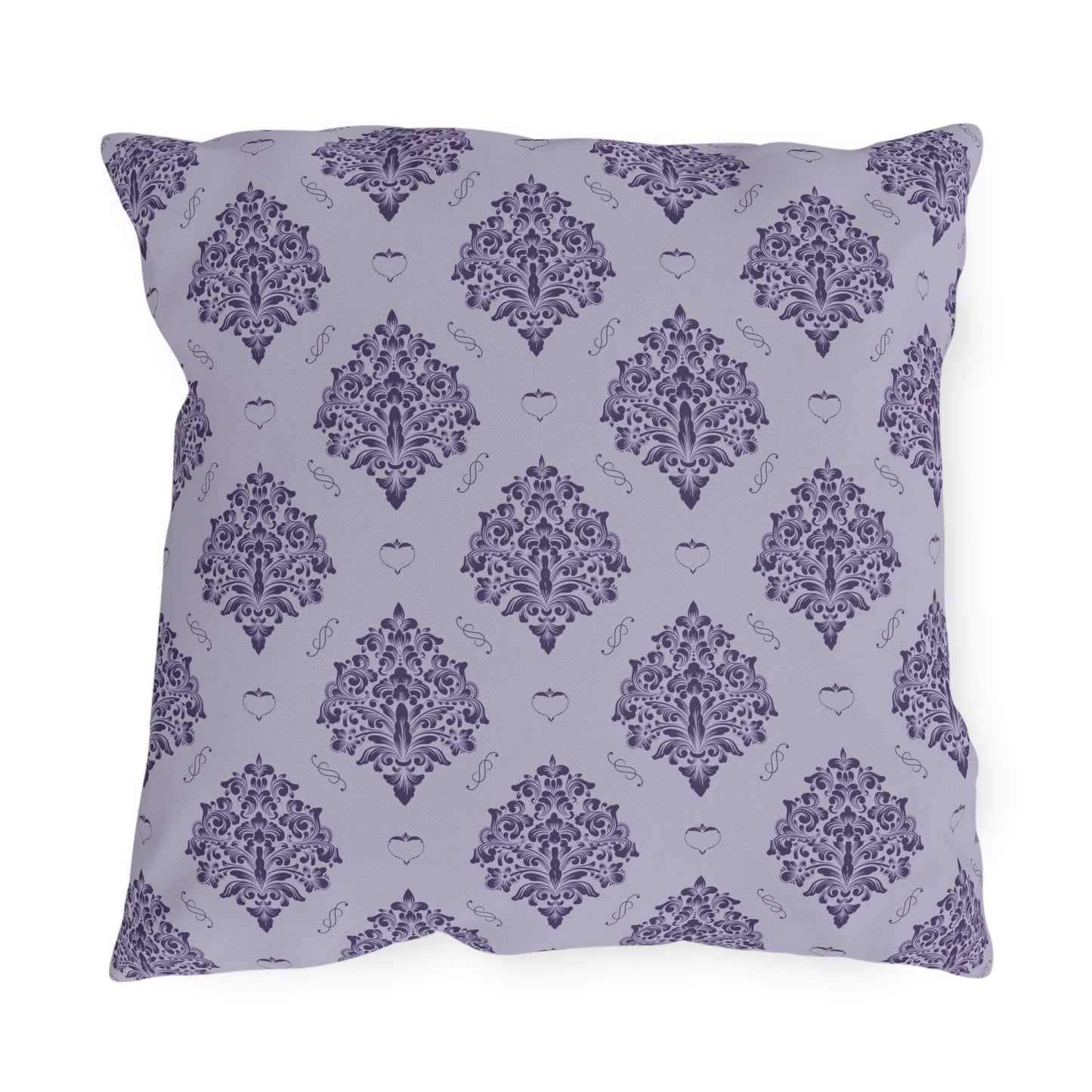 Purple Damask with Hearts on Heather Outdoor Pillows