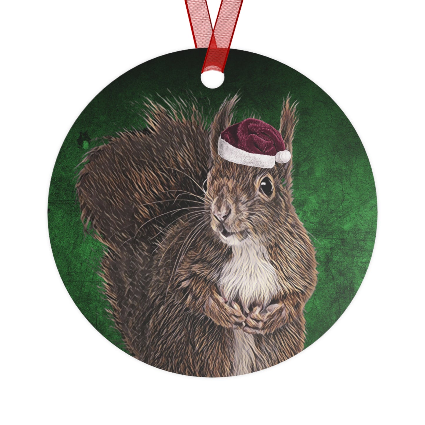 Holiday Squirrel with Santa Hat Metal Ornaments