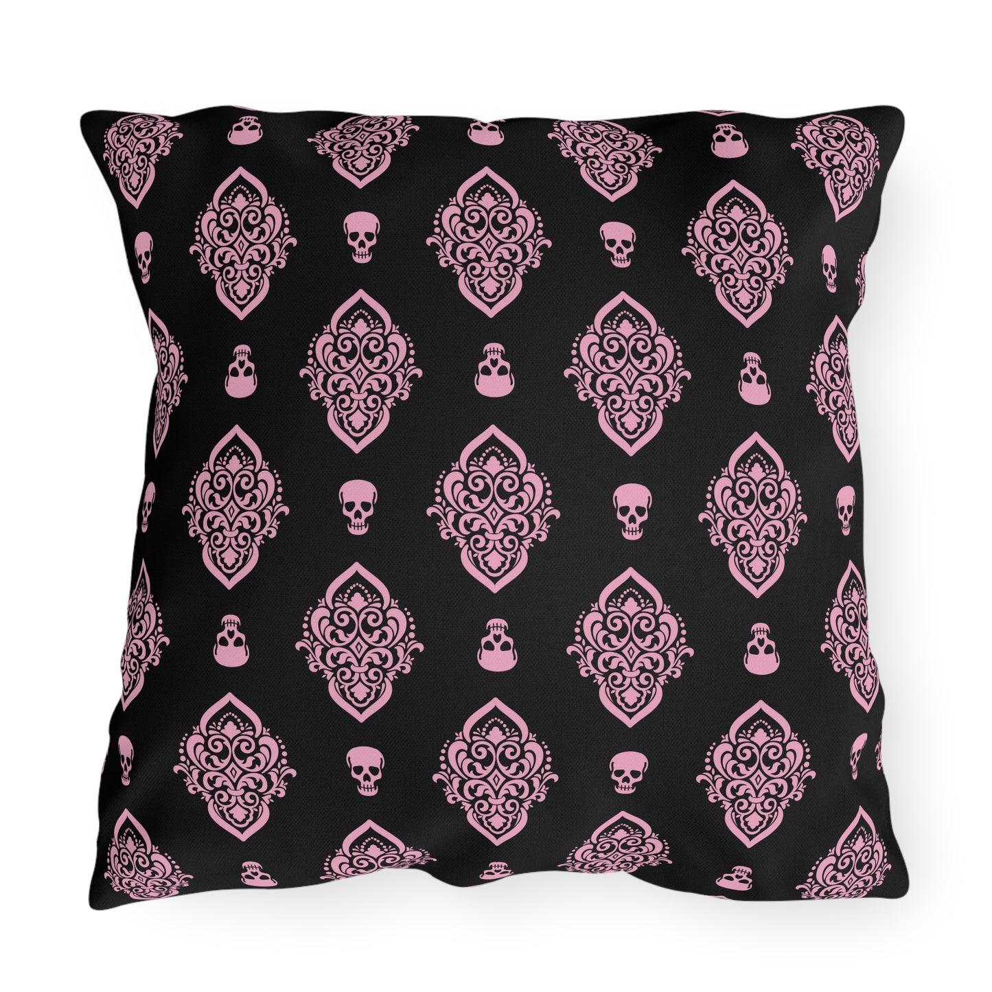 Pink and Black Skull Damask Outdoor Pillows