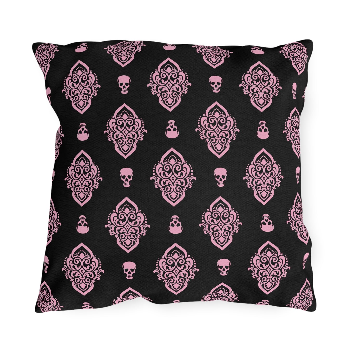 Pink and Black Skull Damask Outdoor Pillows