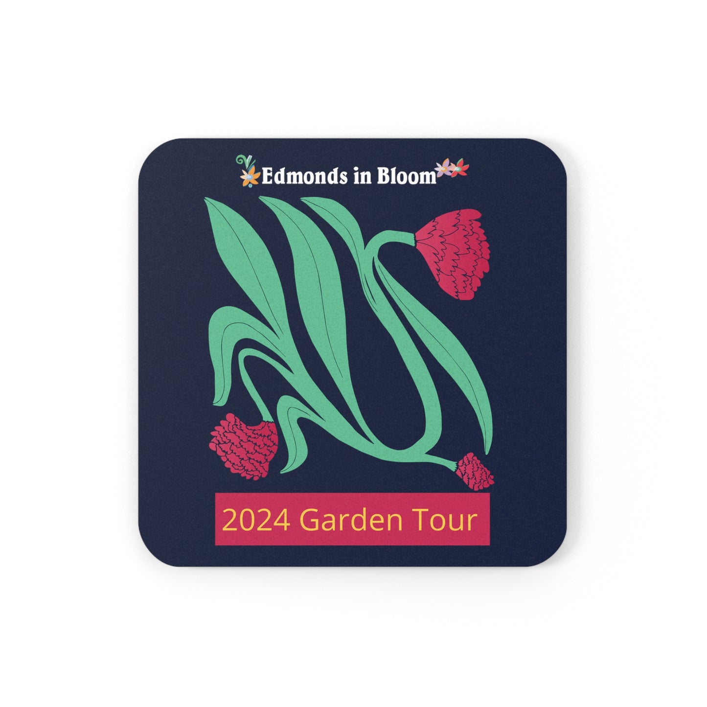 Edmonds in Bloom 2024 Garden Tour Cork Back Coaster (Magenta Flowers)