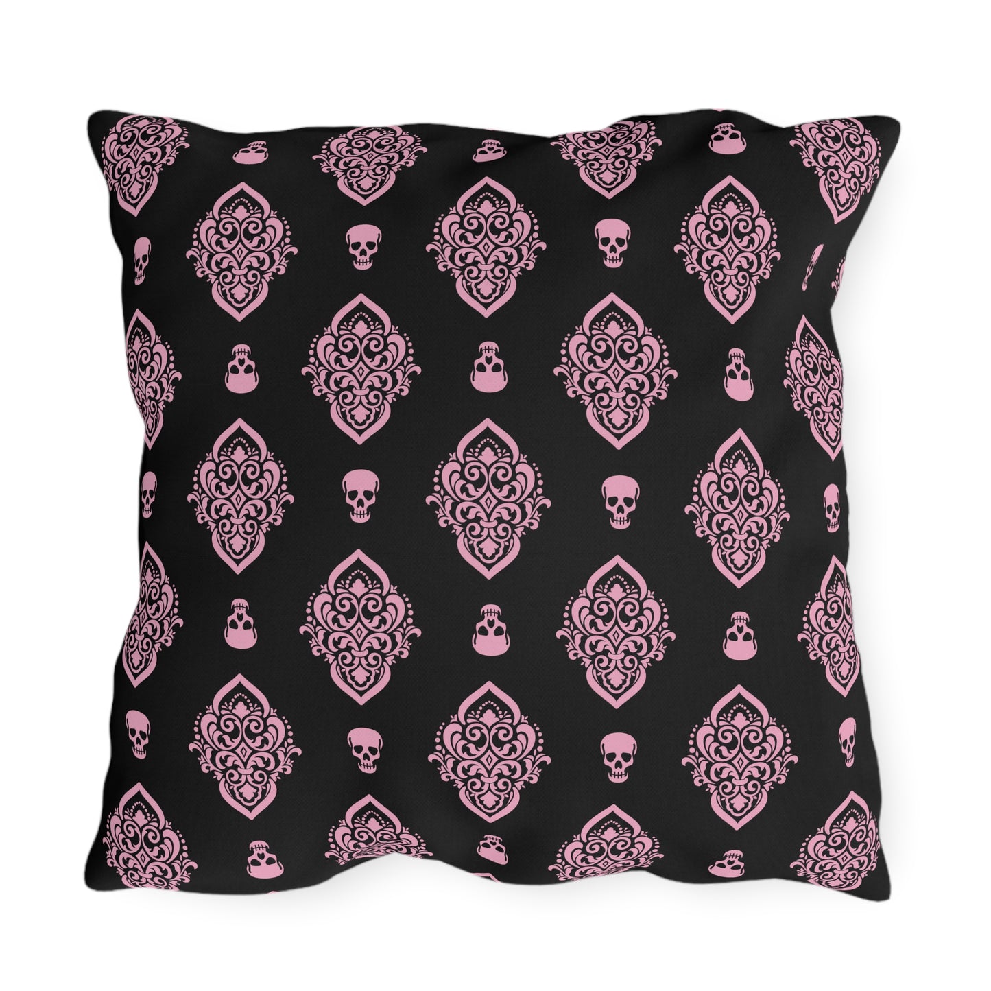 Pink and Black Skull Damask Outdoor Pillows