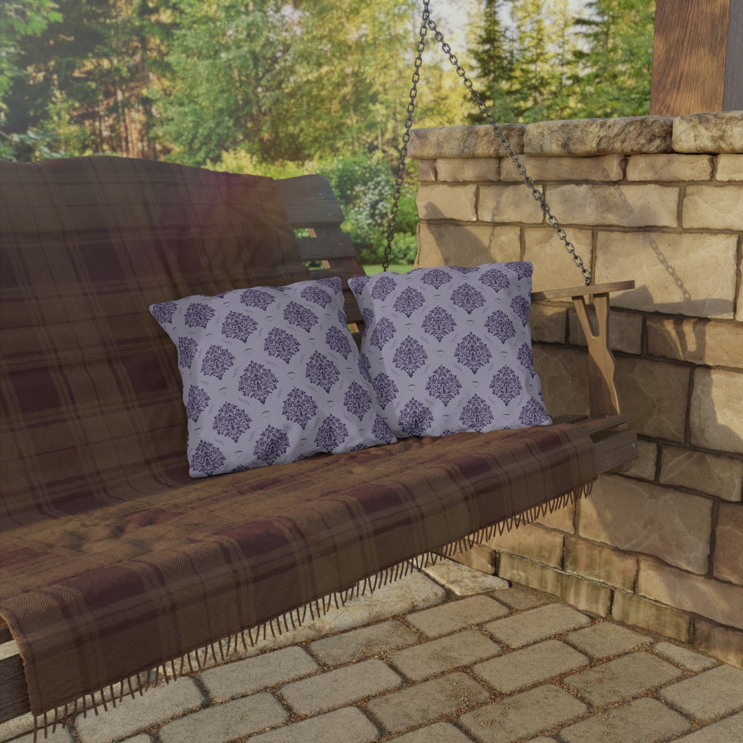 Purple Damask with Hearts on Heather Outdoor Pillows