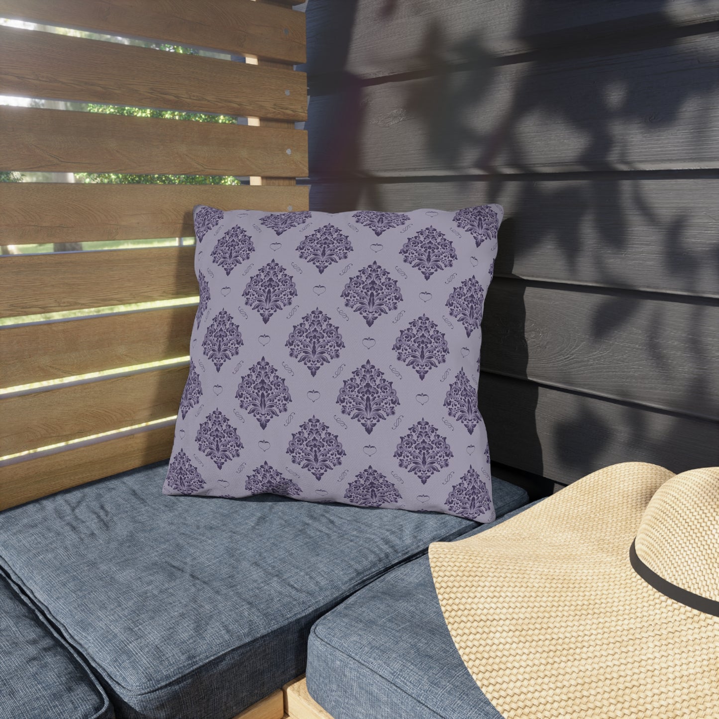 Purple Damask with Hearts on Heather Outdoor Pillows