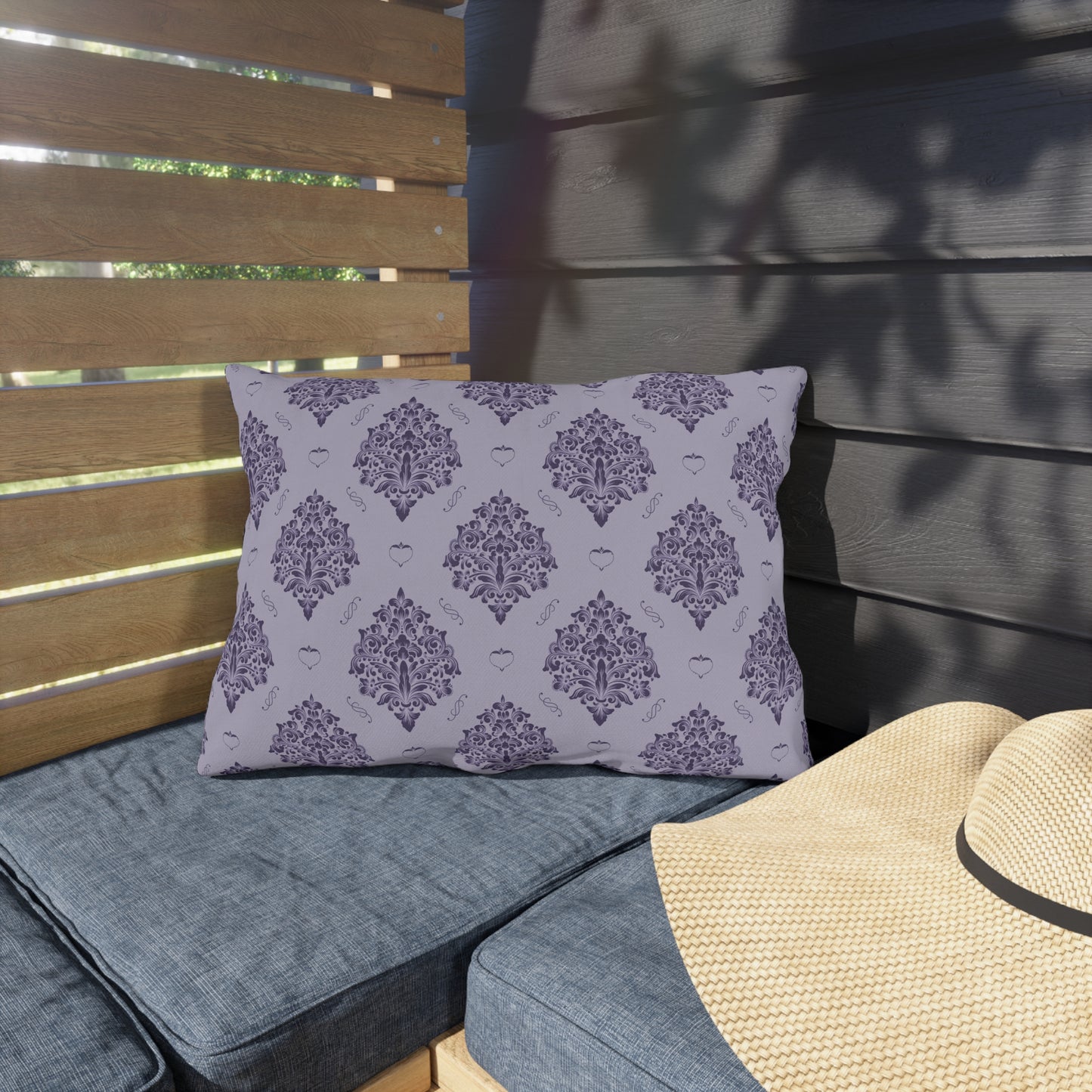 Purple Damask with Hearts on Heather Outdoor Pillows