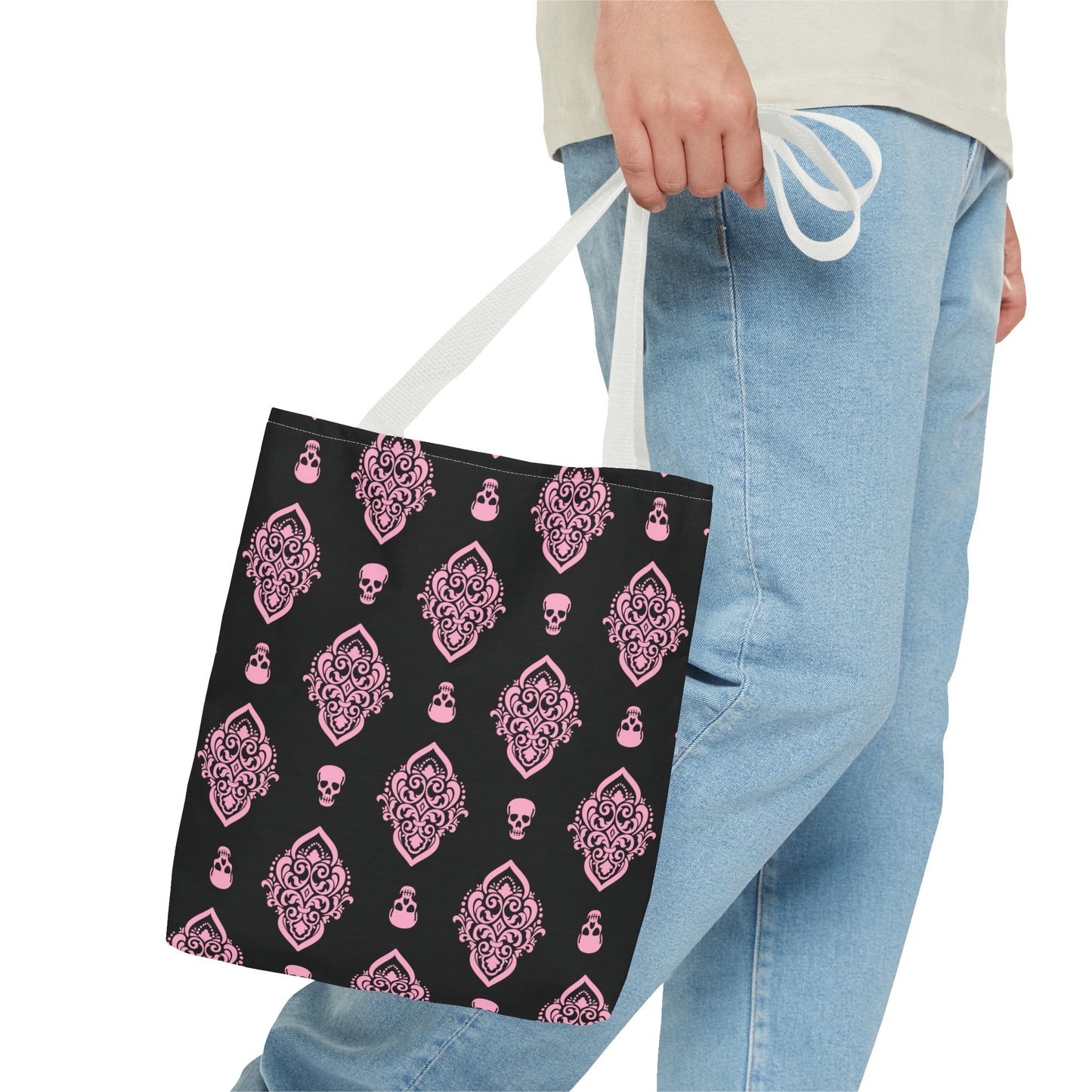 PInk and Black Skull Damask Tote Bag