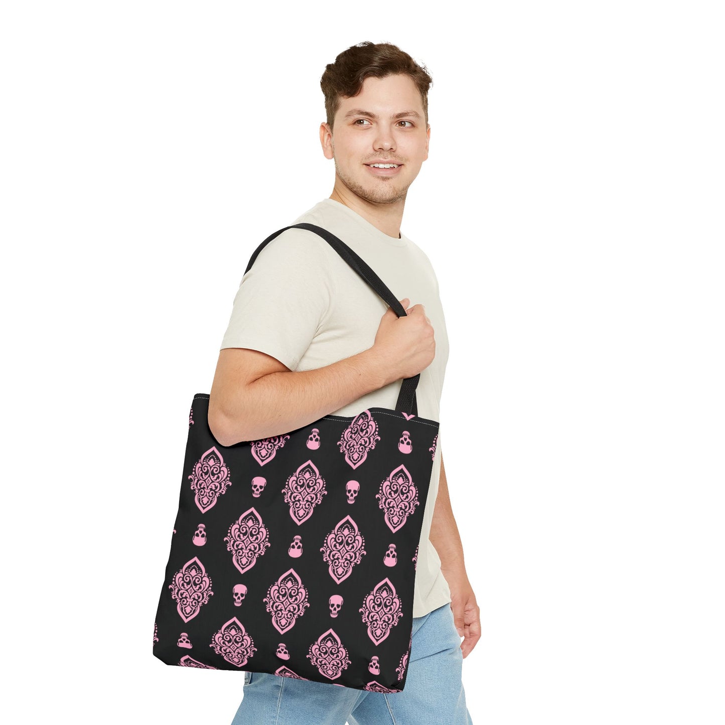 PInk and Black Skull Damask Tote Bag