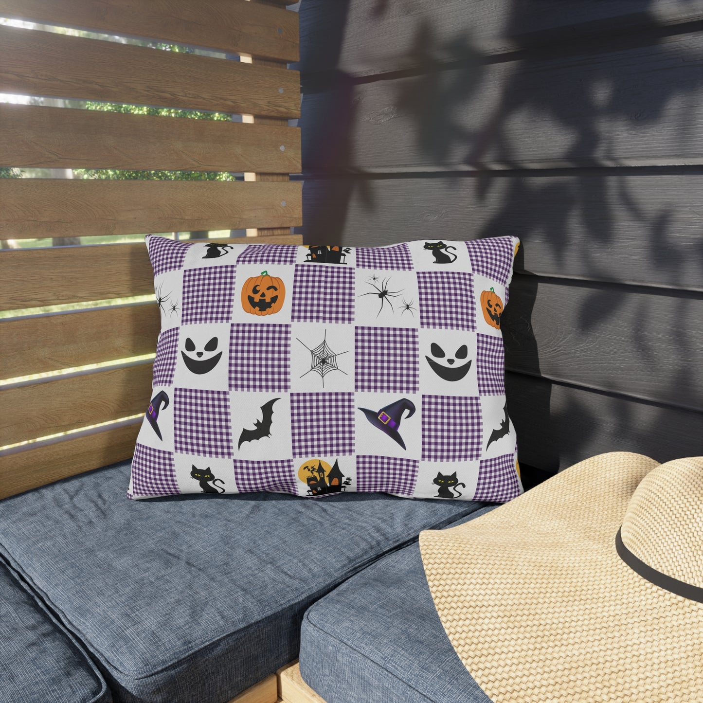Halloween Purple Checked Outdoor Pillows