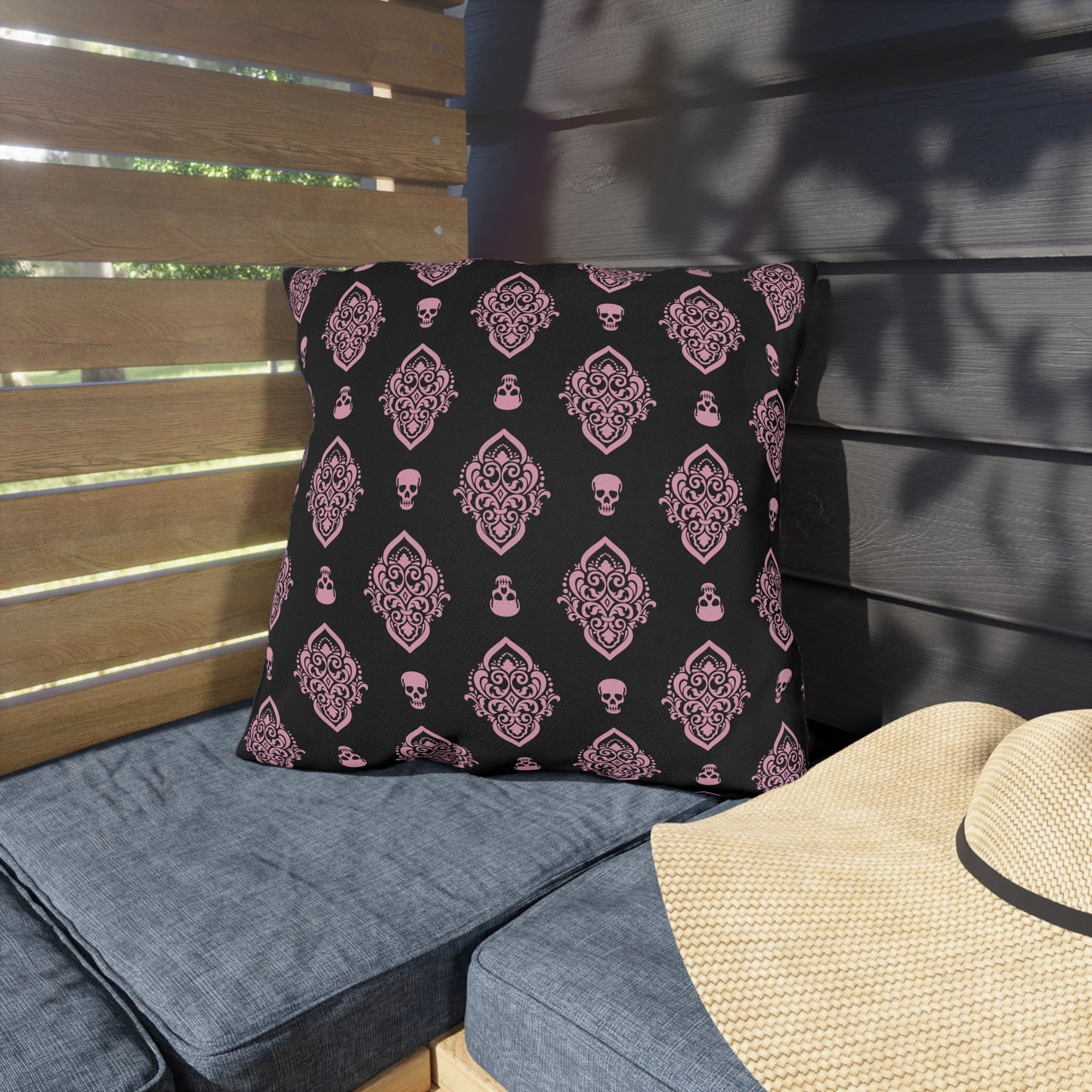 Pink and Black Skull Damask Outdoor Pillows
