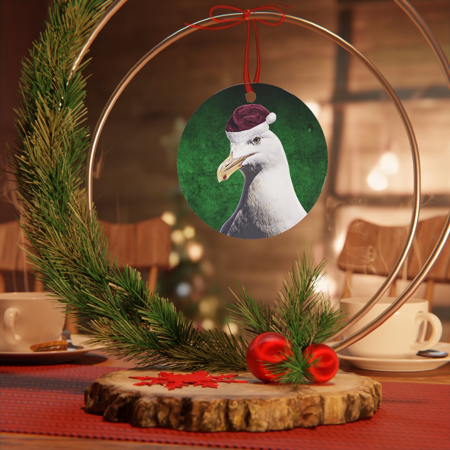 Holiday California Gull (Seagull) with Santa Hat Metal Ornaments