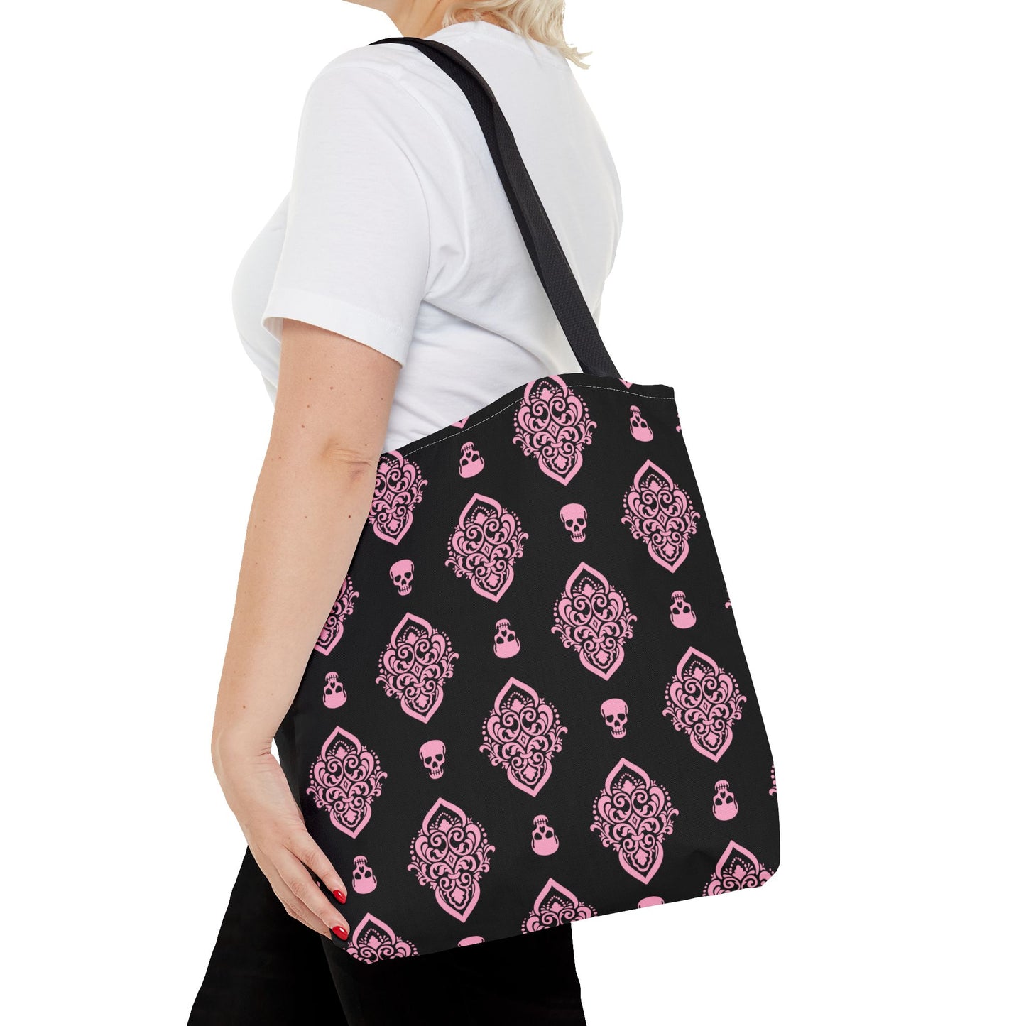PInk and Black Skull Damask Tote Bag