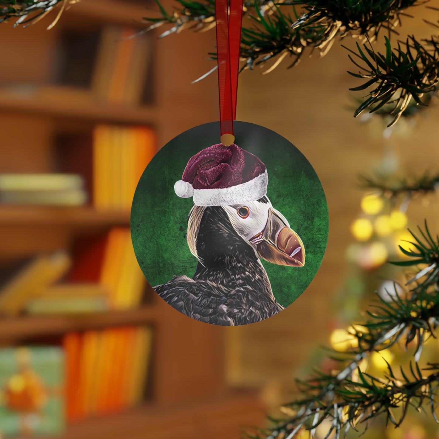 Holiday Tufted Puffin with Santa Hat Metal Ornaments