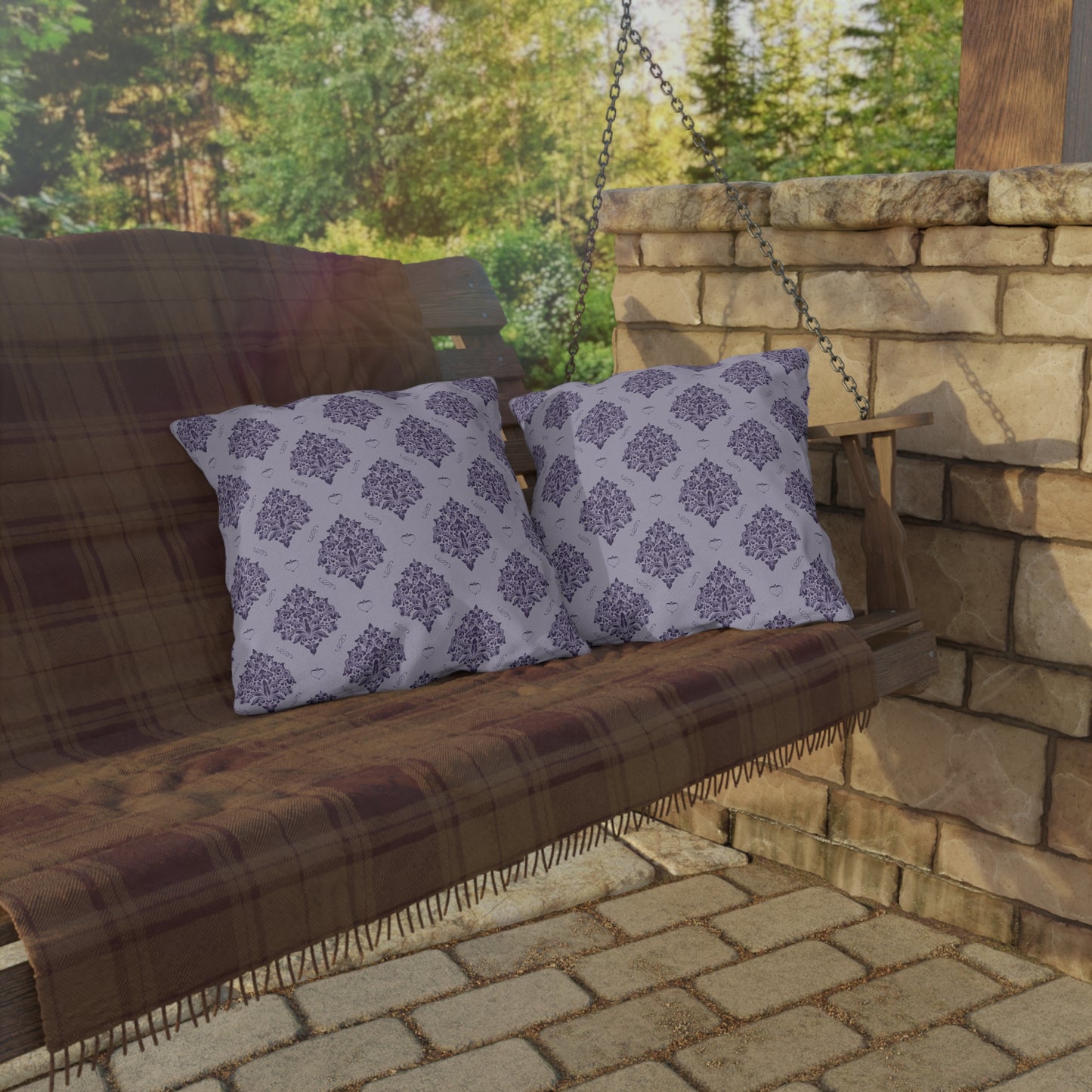 Purple Damask with Hearts on Heather Outdoor Pillows