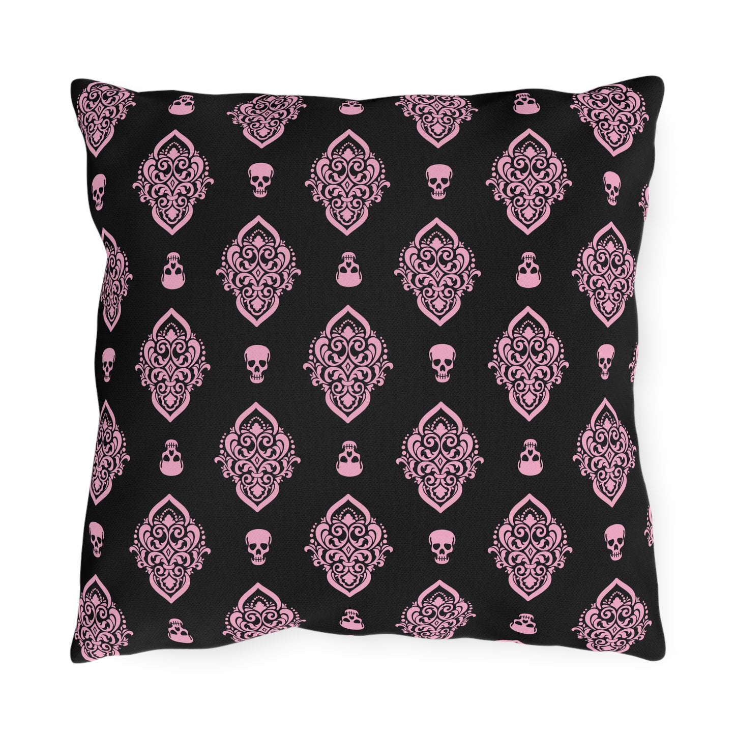 Pink and Black Skull Damask Outdoor Pillows