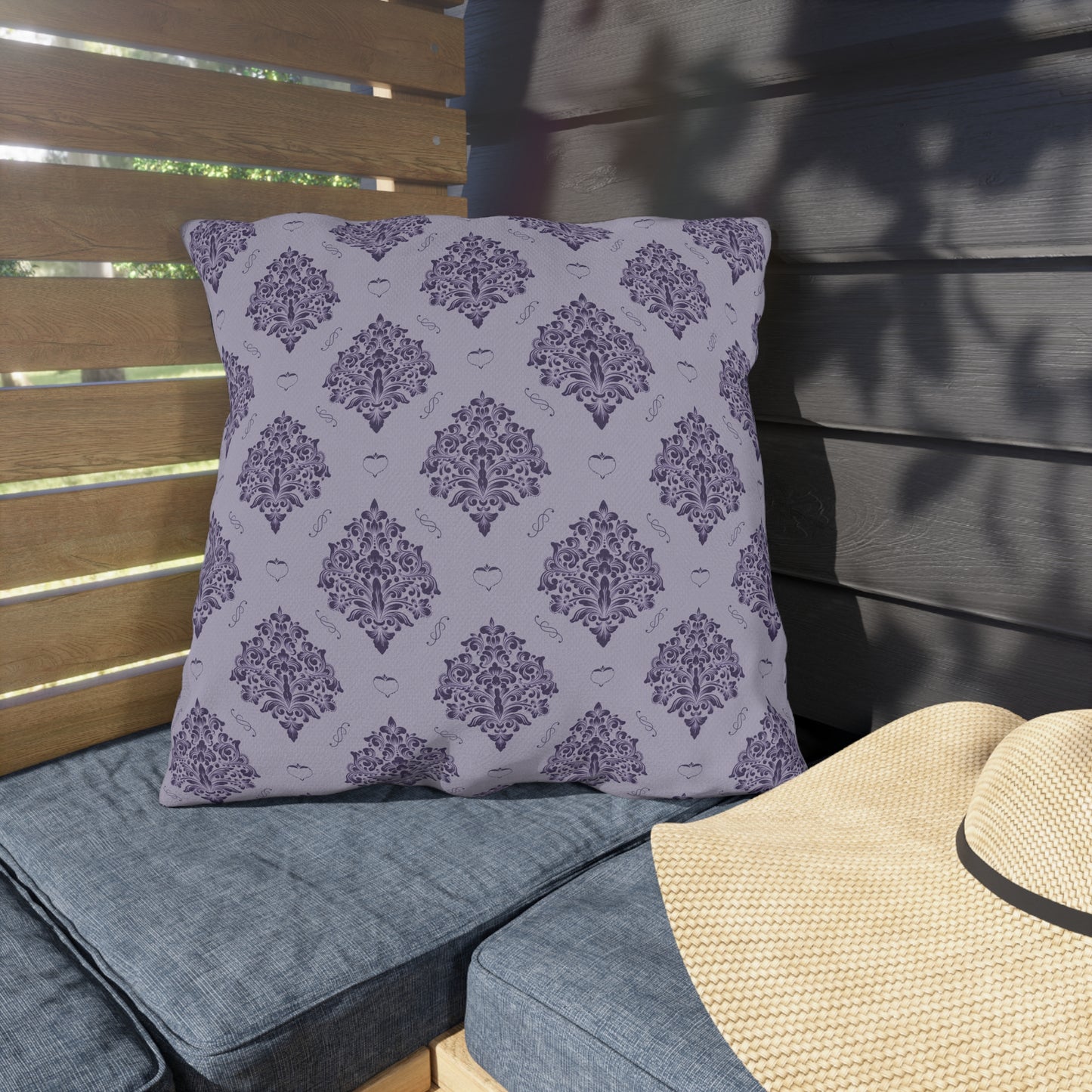Purple Damask with Hearts on Heather Outdoor Pillows
