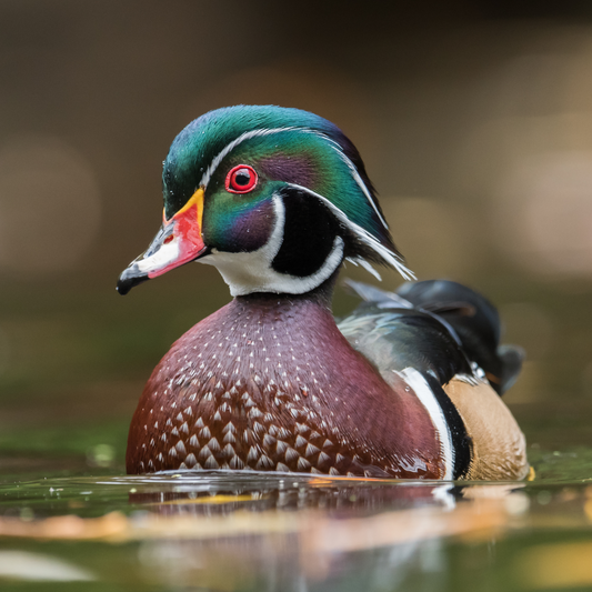 A wood duck sitting in water with emerald green feathered head, red eyes, an orange, white, and black beak, and a brown chest dappled with white