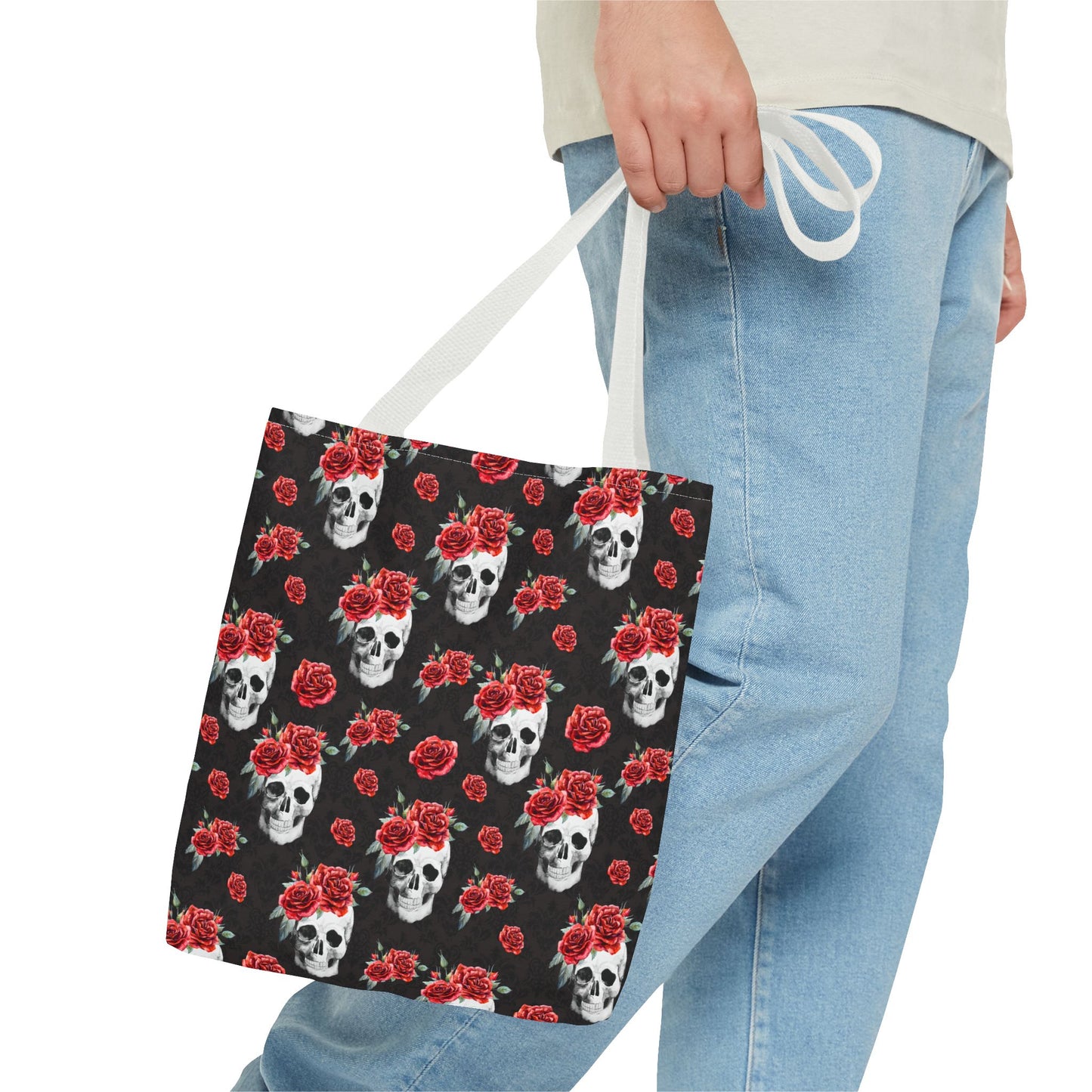 Red Rose and Skull Damask Tote Bag