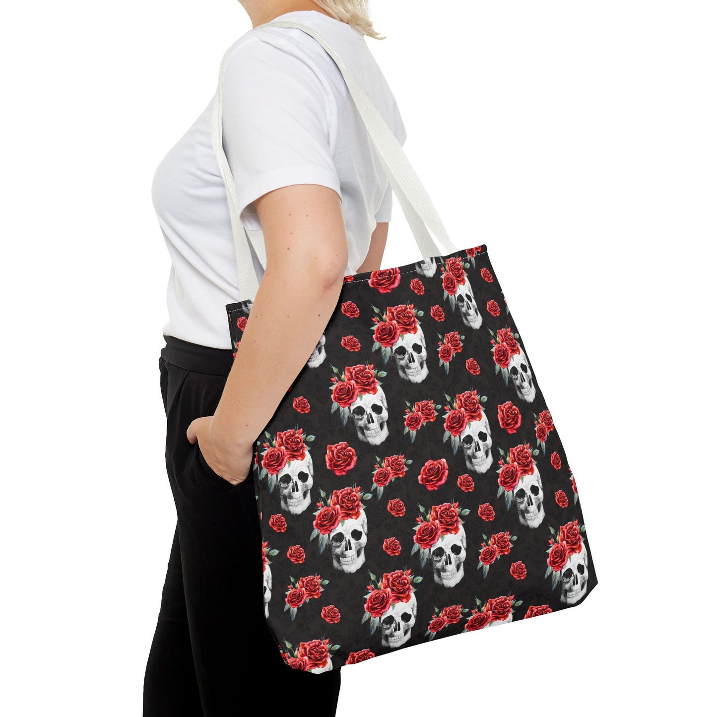 Red Rose and Skull Damask Tote Bag