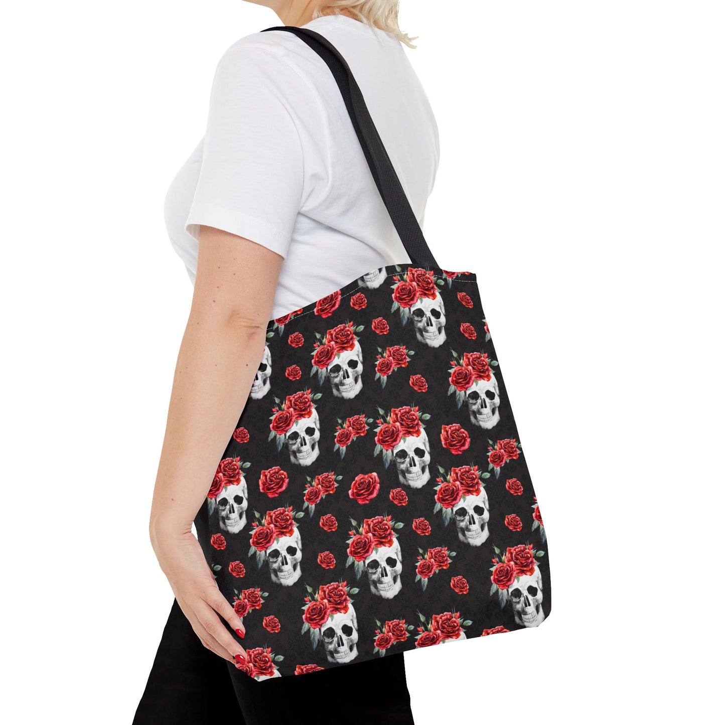 Red Rose and Skull Damask Tote Bag